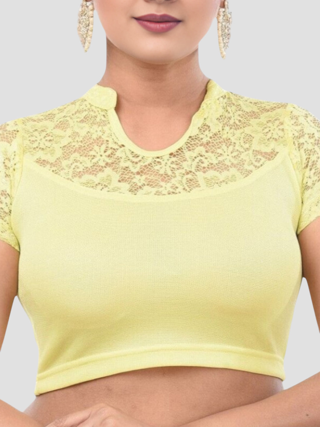 Lemon Yellow Lace Yoke Stretchable Elastane Readymade Saree Blouse with Back Keyhole