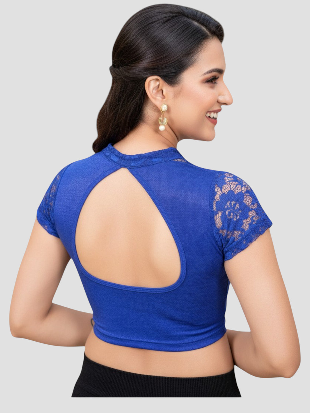 Royal Blue Lace Yoke Stretchable Elastane Readymade Saree Blouse with Back Keyhole