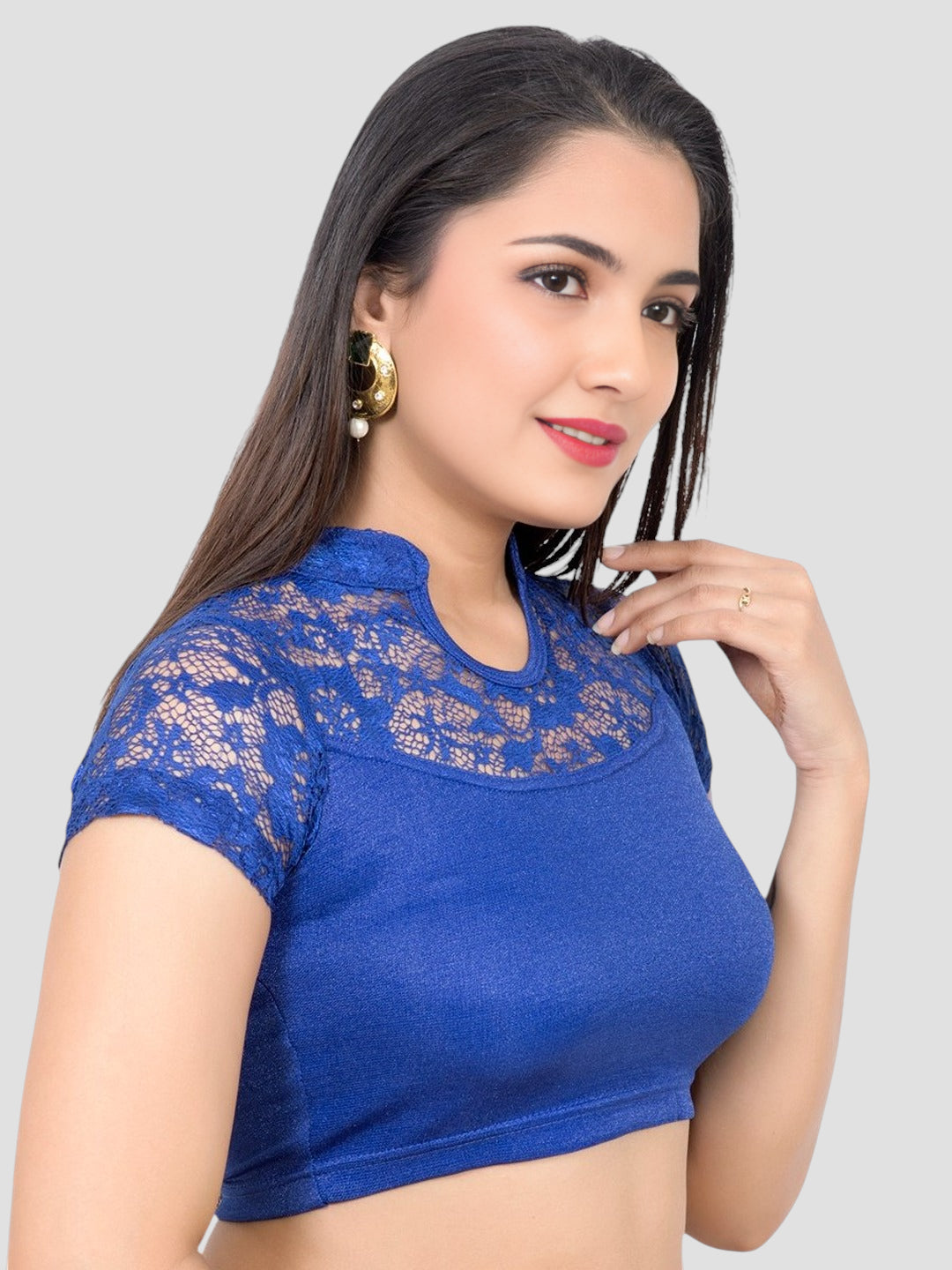Royal Blue Lace Yoke Stretchable Elastane Readymade Saree Blouse with Back Keyhole