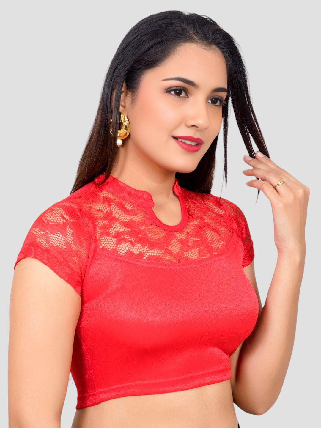 Red Lace Yoke Stretchable Elastane Readymade Saree Blouse with Back Keyhole