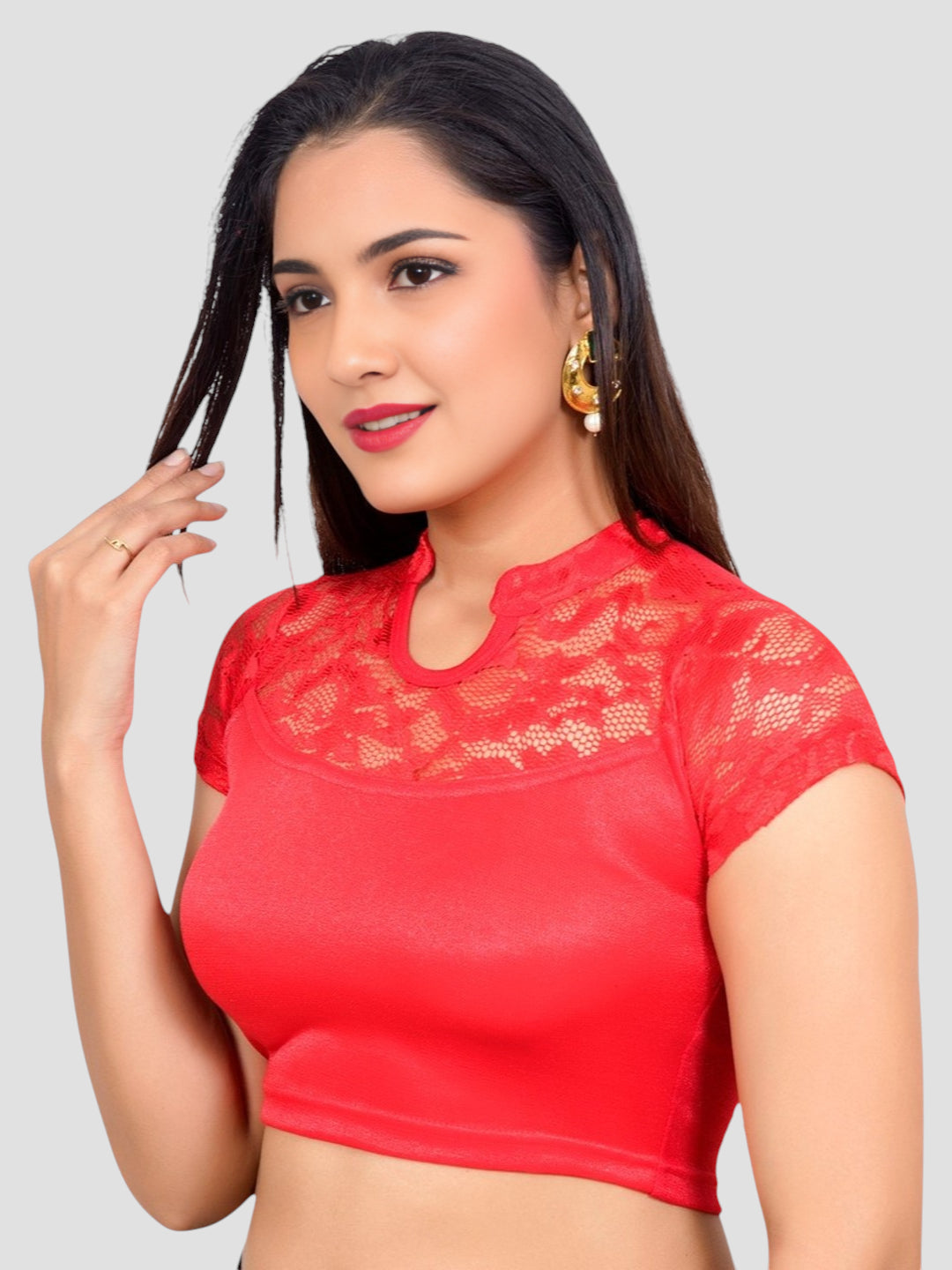 Red Lace Yoke Stretchable Elastane Readymade Saree Blouse with Back Keyhole