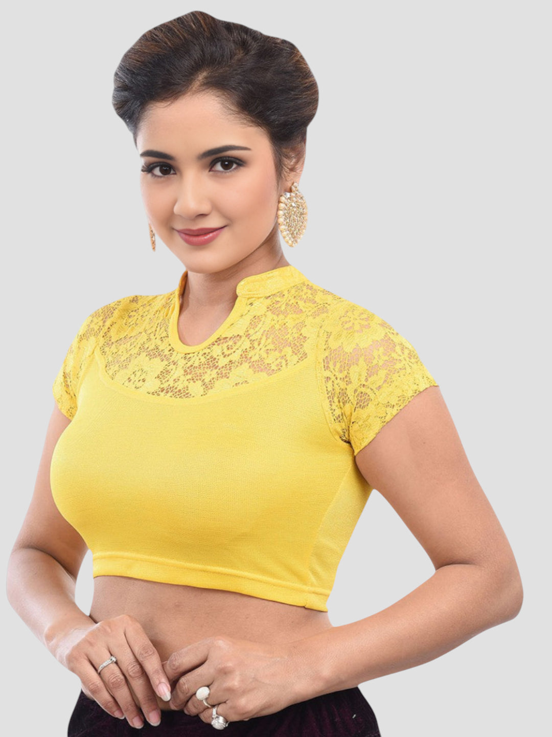 Yellow Lace Yoke Stretchable Elastane Readymade Saree Blouse with Back Keyhole