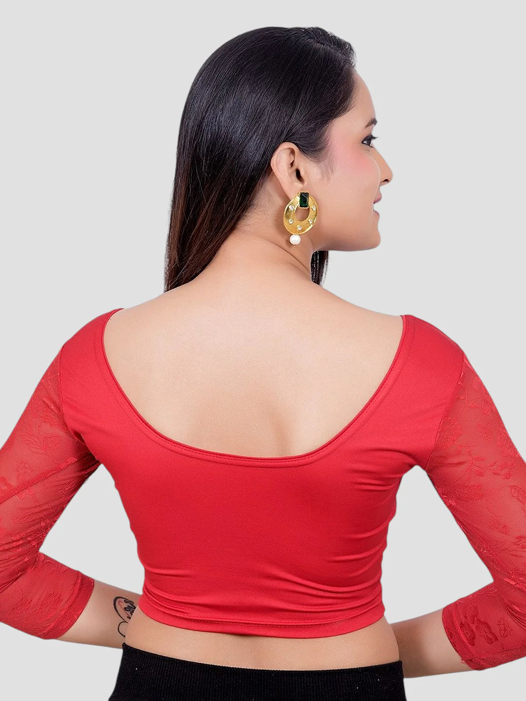 Red Lycra Round Neck 3/4 Sleeves Readymade Blouse