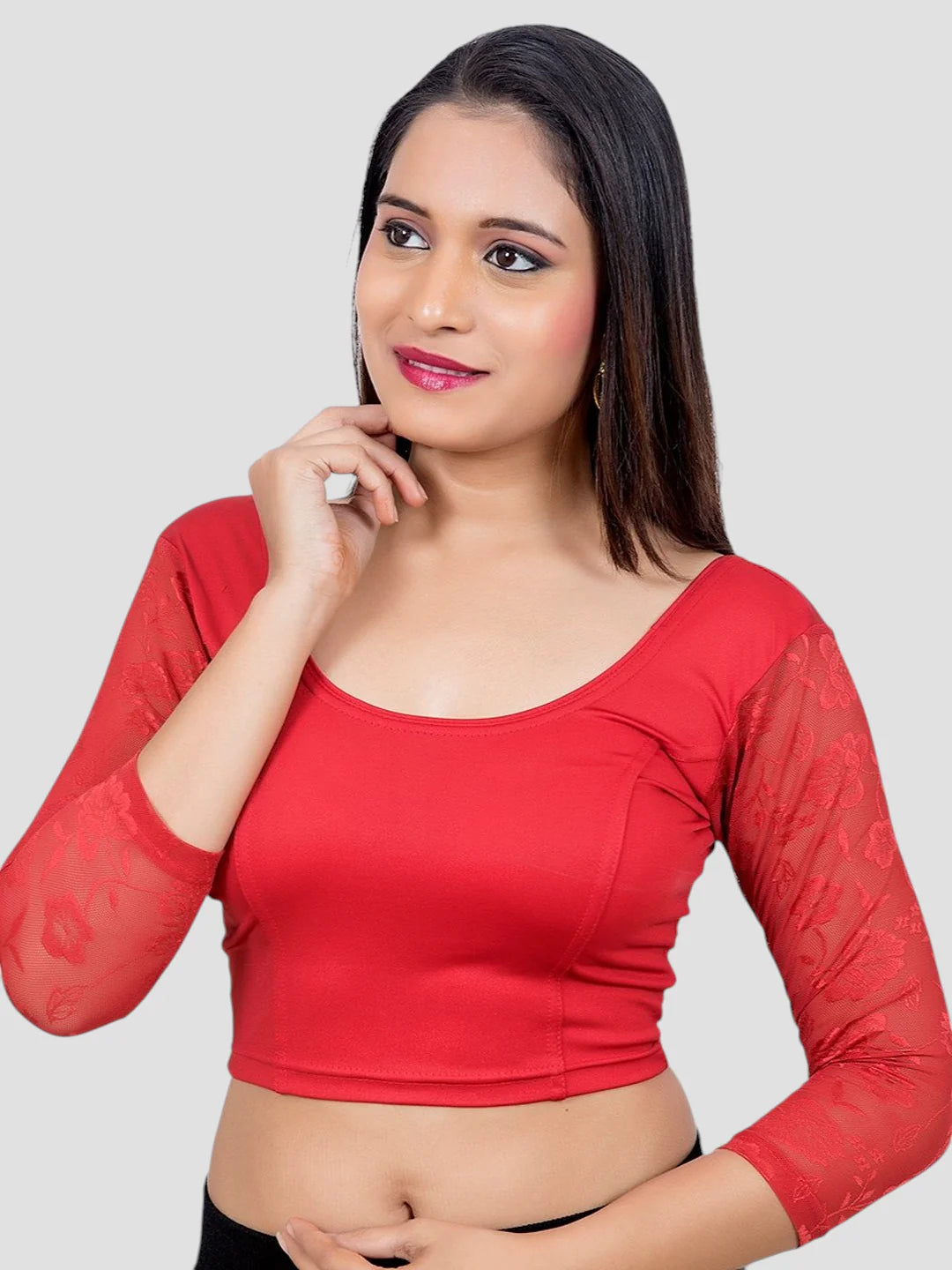 Red Lycra Round Neck 3/4 Sleeves Readymade Blouse