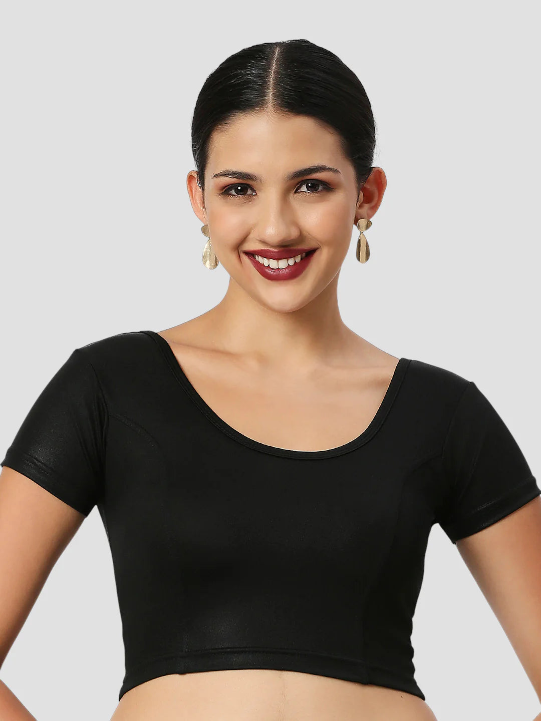 Black All-Time Bestseller Lycra Round Neck Short Sleeves Readymade Blouse