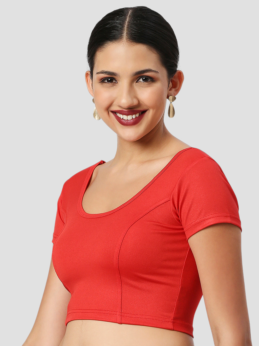 Red All-Time Bestseller Lycra Round Neck Short Sleeves Readymade Blouse
