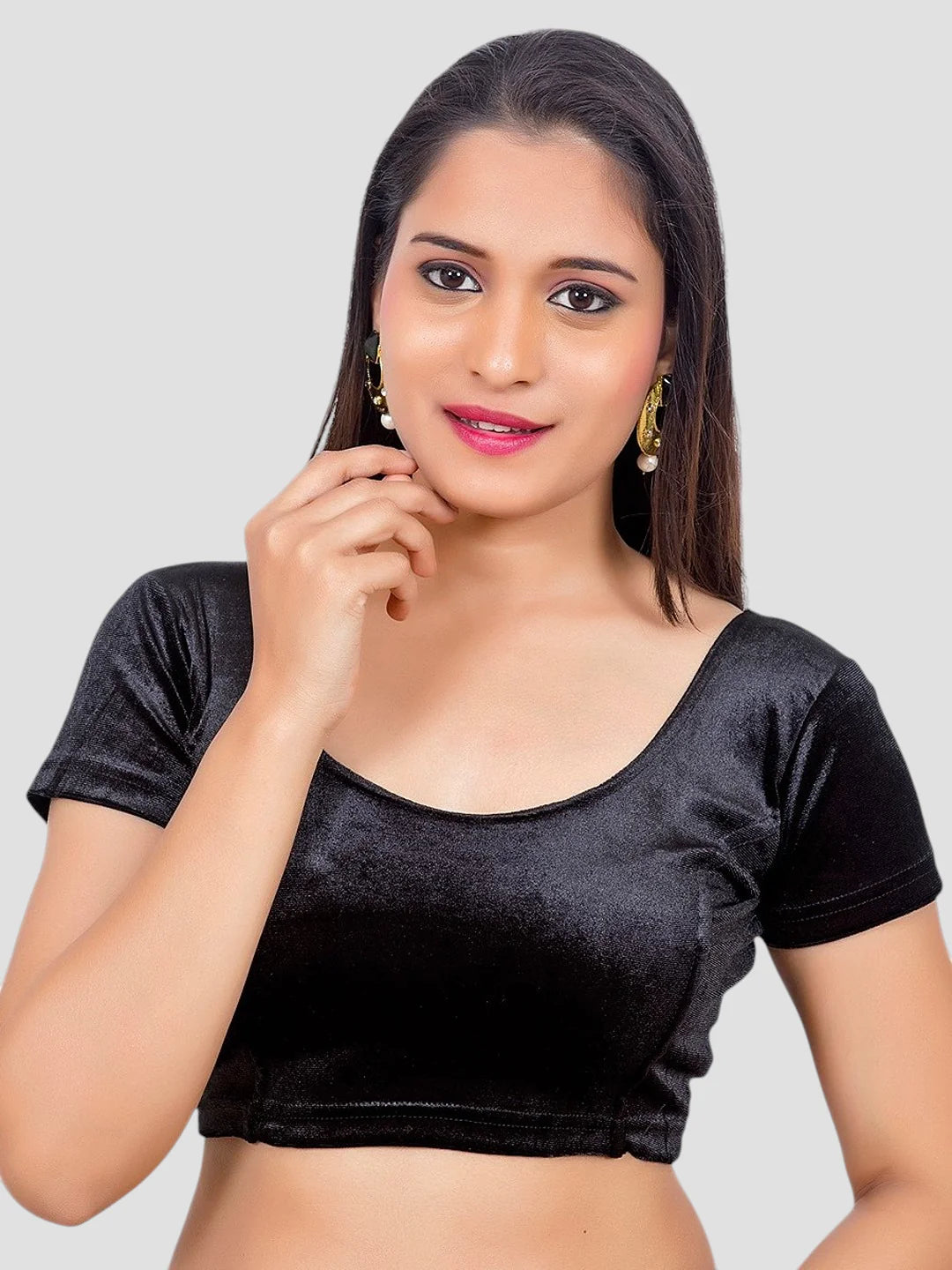 Black Velvet Round Neck Short Sleeves Readymade Blouse