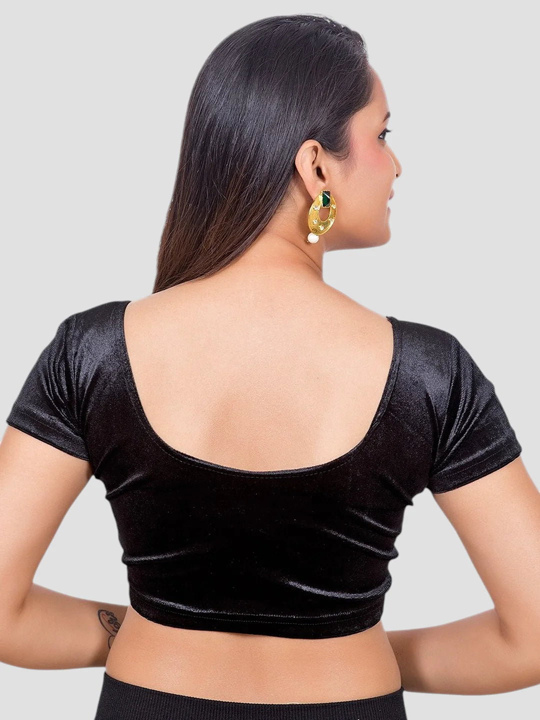 Black Velvet Round Neck Short Sleeves Readymade Blouse