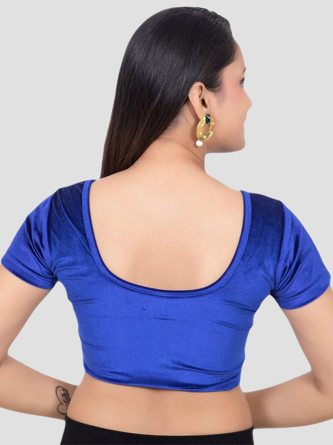 Royal Blue Velvet Round Neck Short Sleeves Readymade Blouse