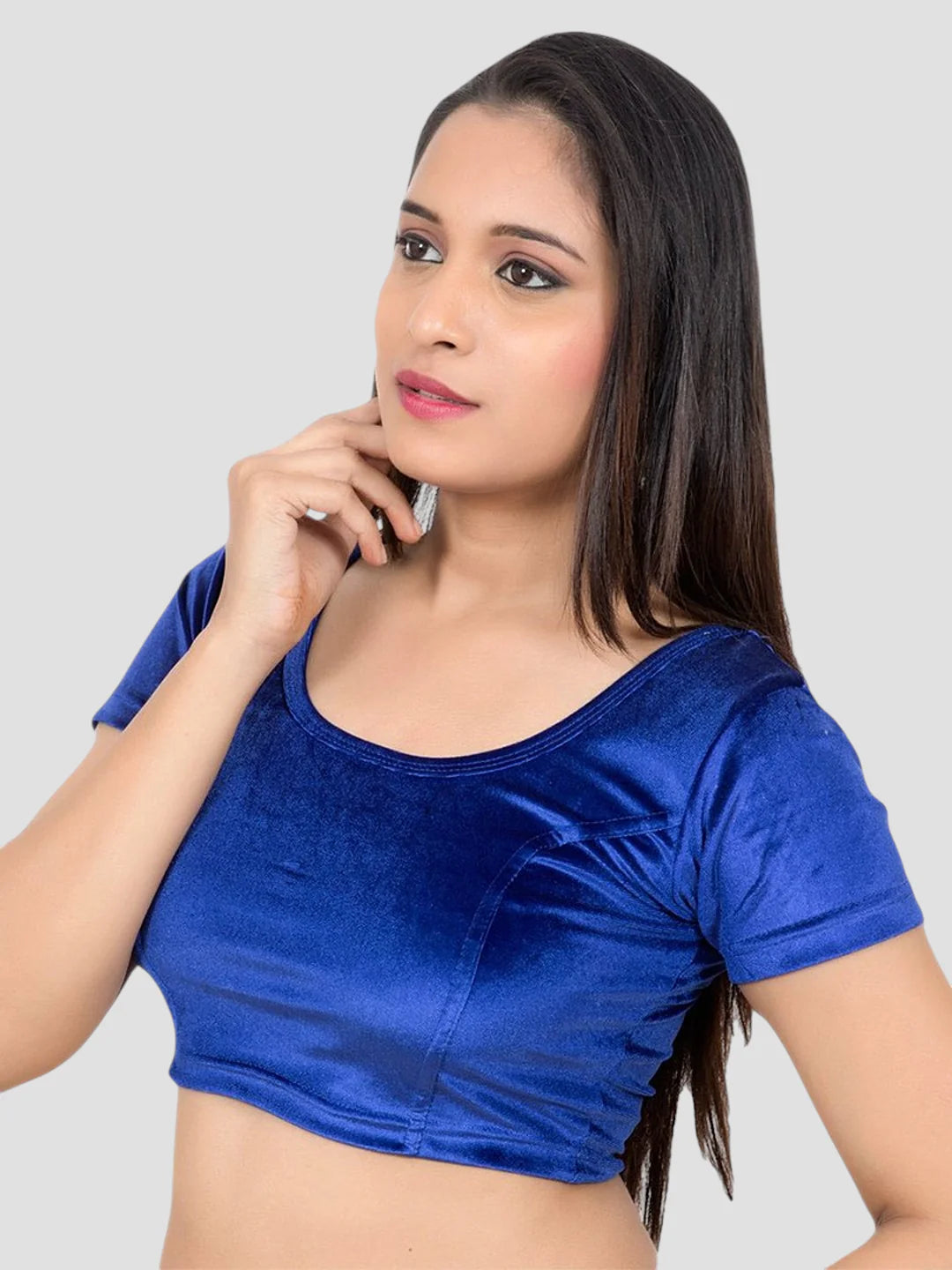 Royal Blue Velvet Round Neck Short Sleeves Readymade Blouse