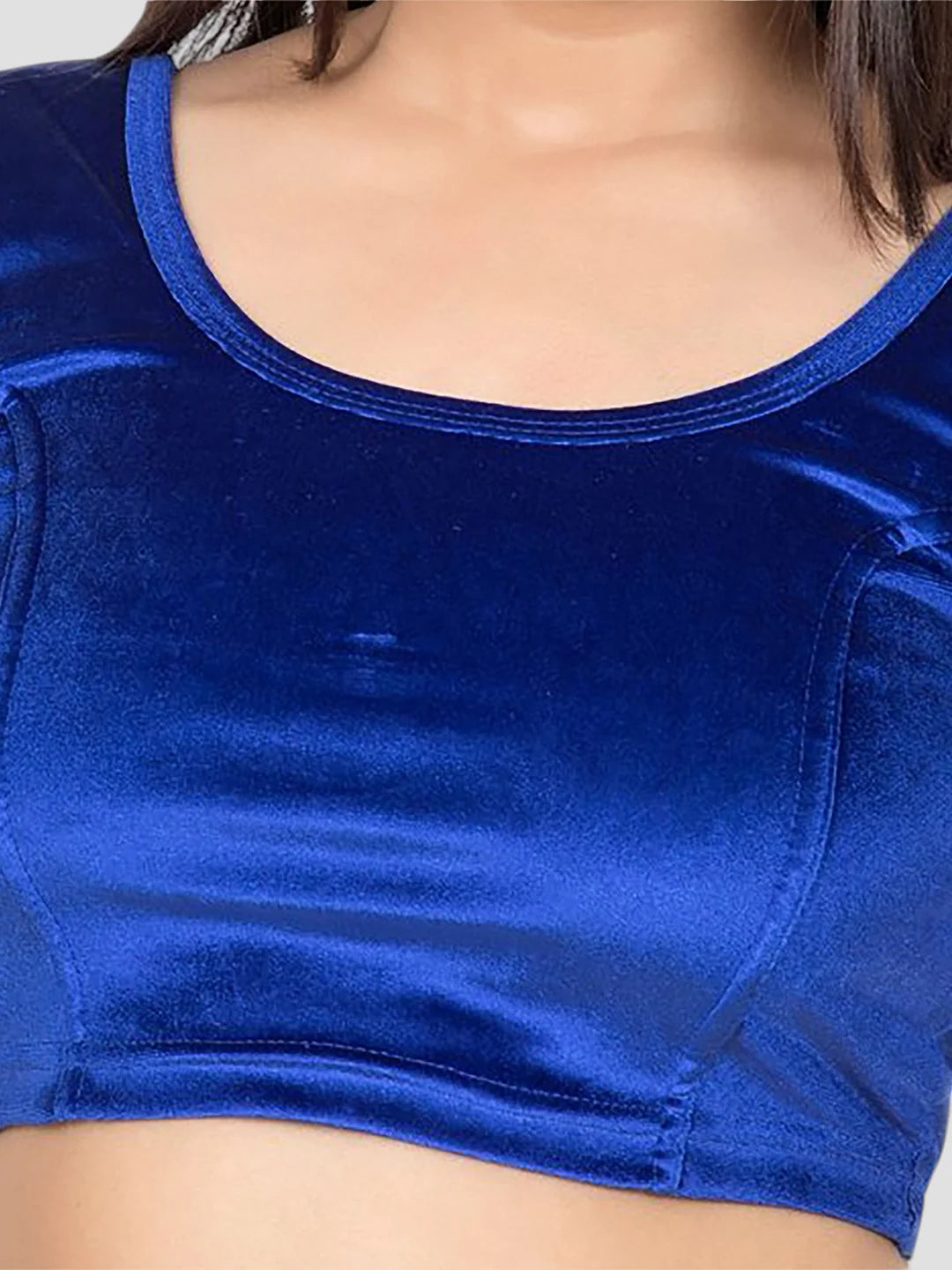 Royal Blue Velvet Round Neck Short Sleeves Readymade Blouse