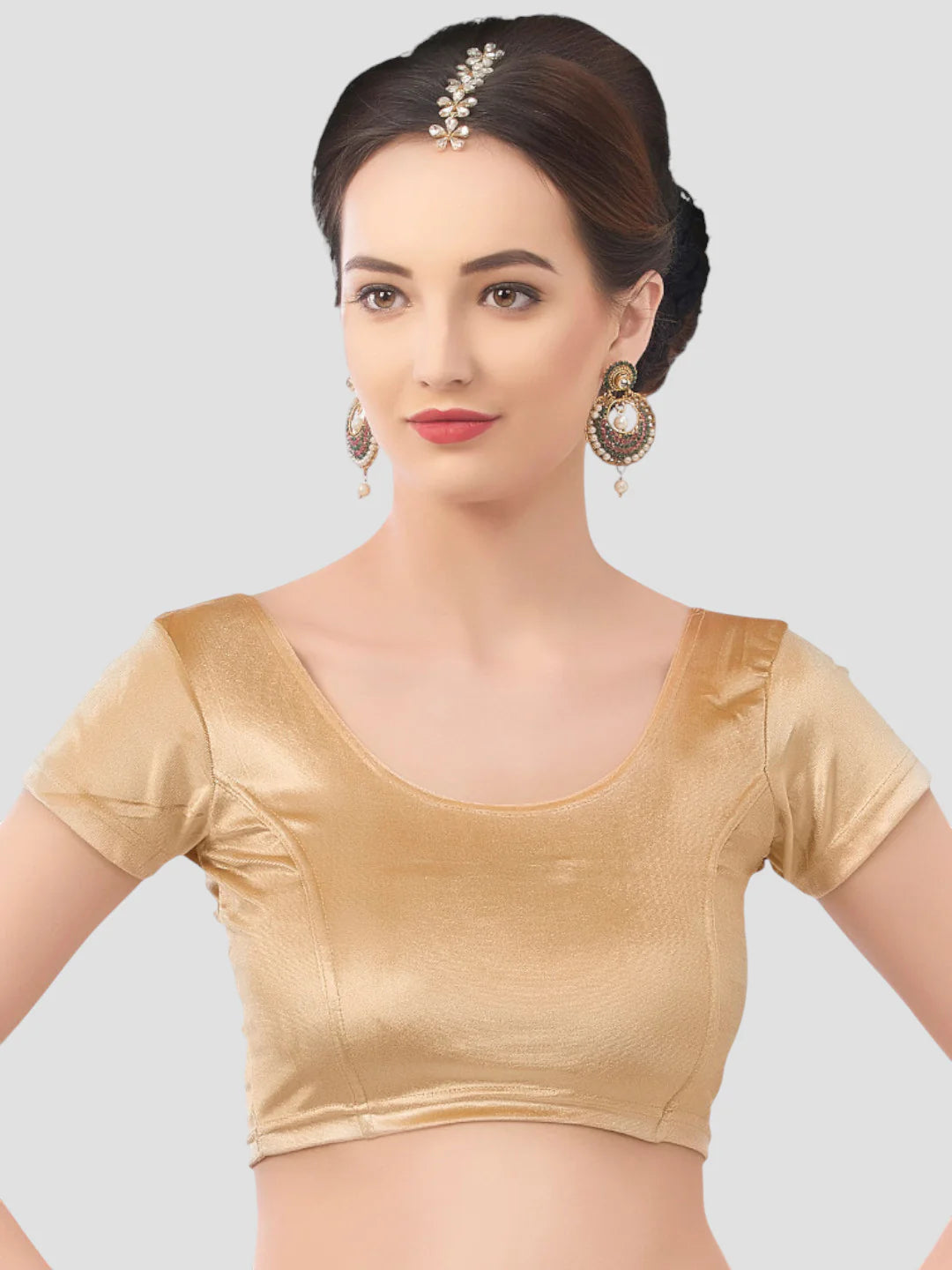 Gold Velvet Round Neck Short Sleeves Readymade Blouse