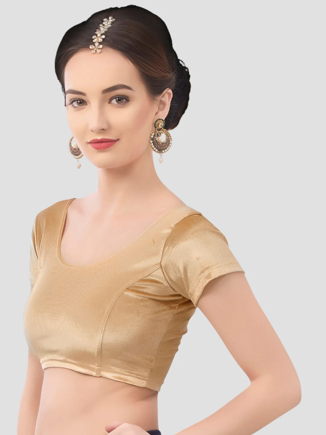 Gold Velvet Round Neck Short Sleeves Readymade Blouse