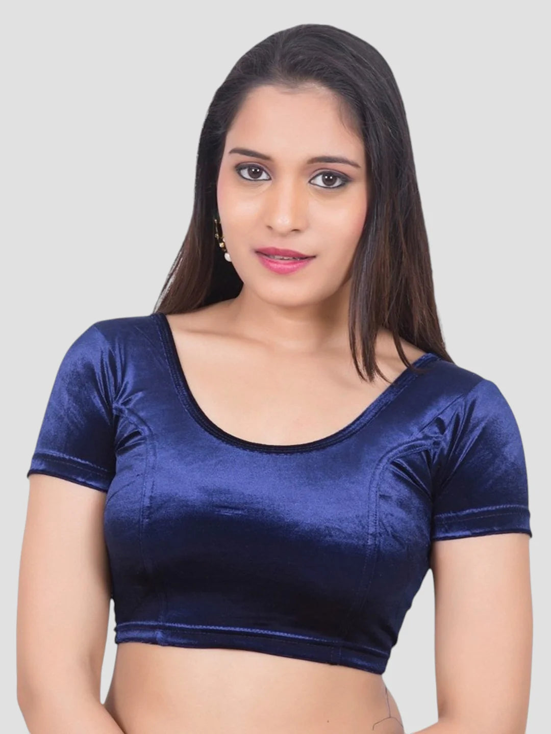 Navy Blue Velvet Round Neck Short Sleeves Readymade Blouse