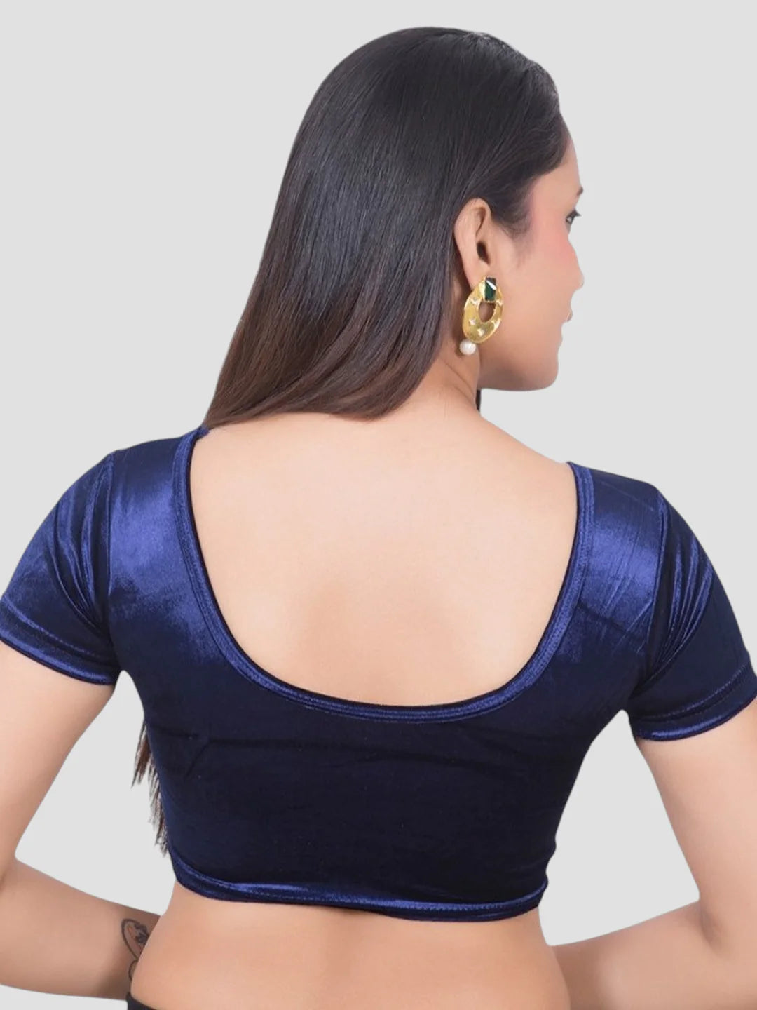 Navy Blue Velvet Round Neck Short Sleeves Readymade Blouse