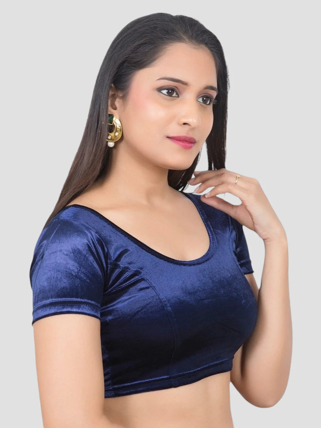 Navy Blue Velvet Round Neck Short Sleeves Readymade Blouse