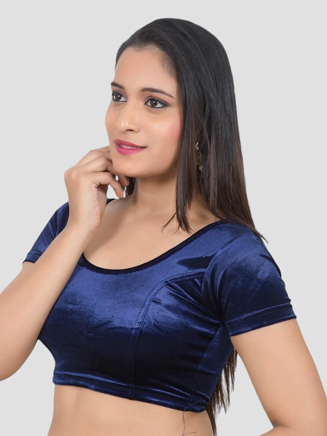Navy Blue Velvet Round Neck Short Sleeves Readymade Blouse