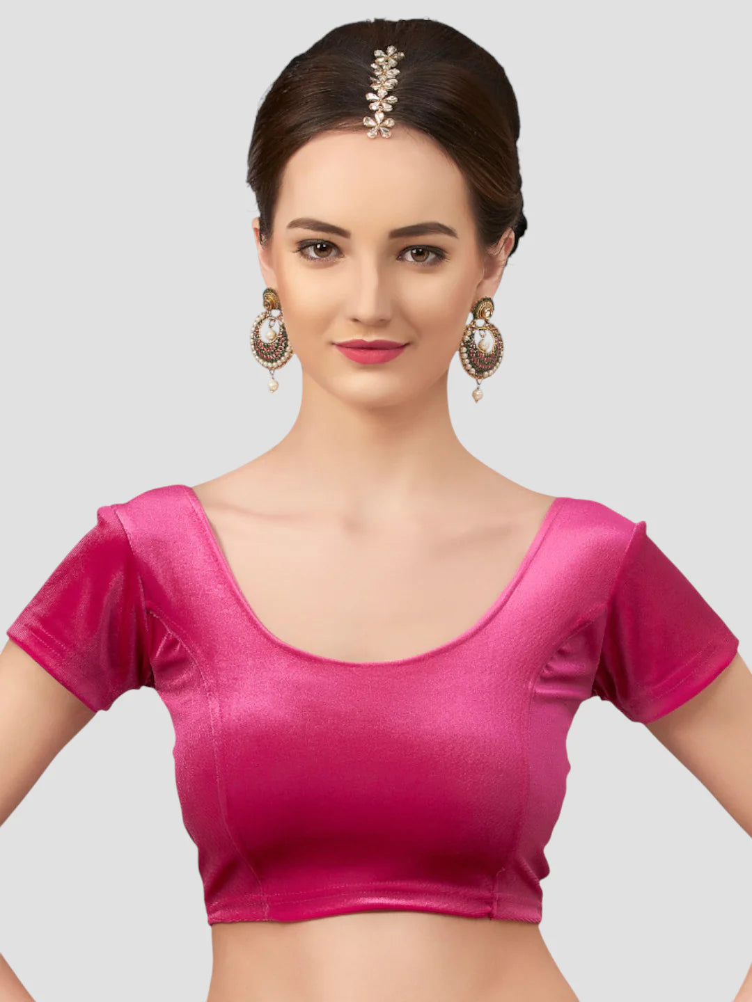 Rani Pink Velvet Round Neck Short Sleeves Readymade Blouse