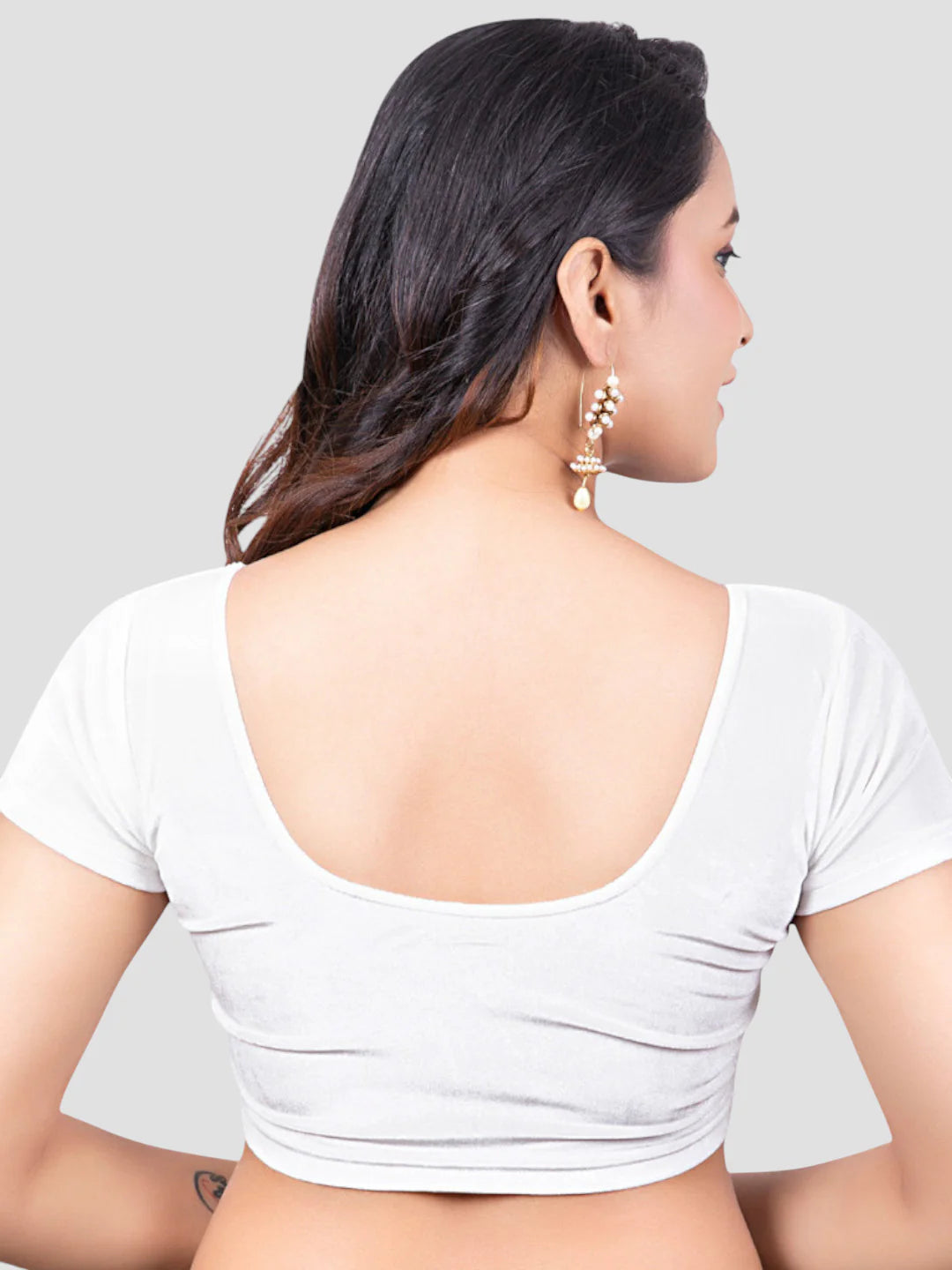 White Velvet Round Neck Short Sleeves  Readymade Blouse