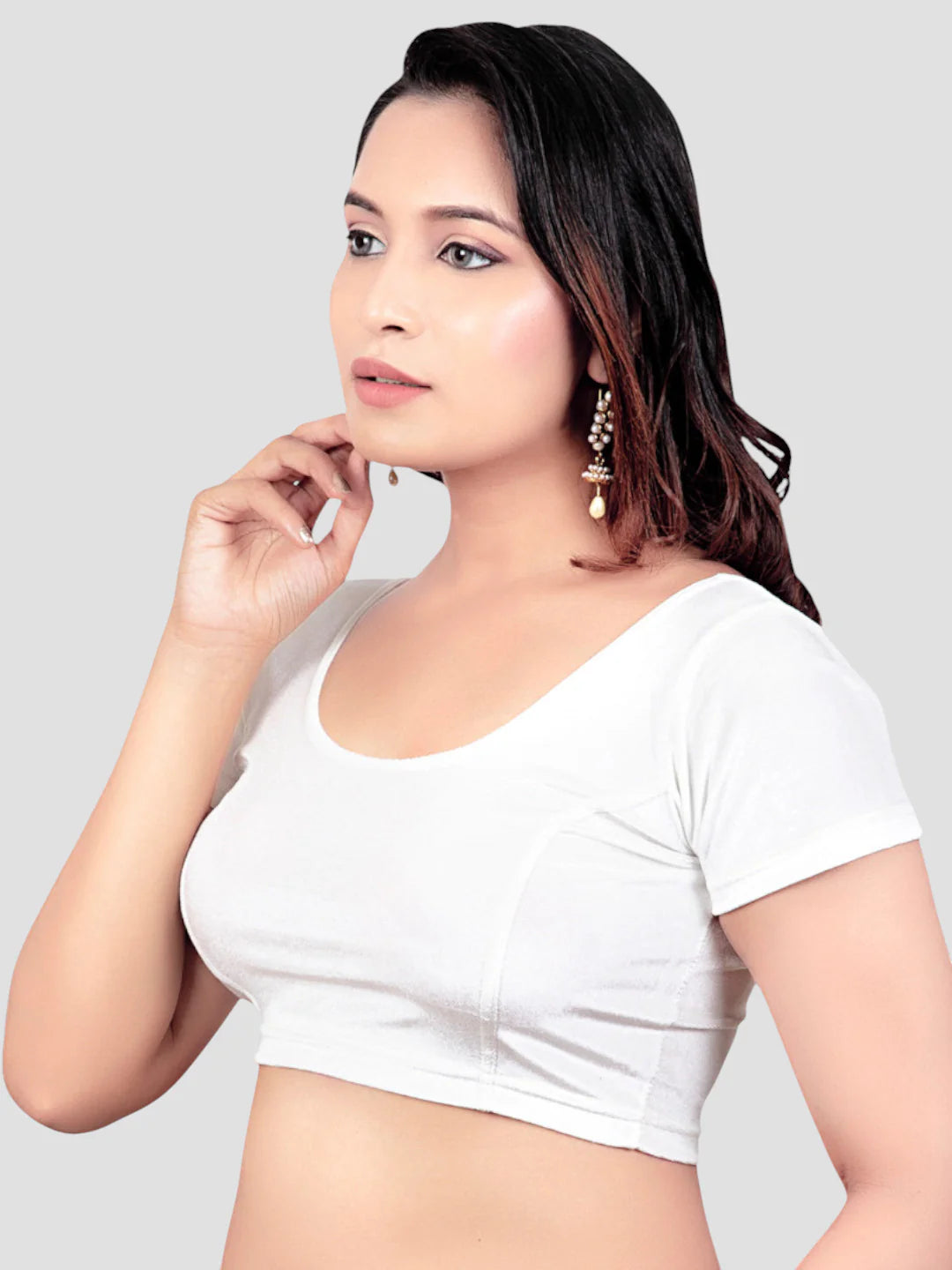 White Velvet Round Neck Short Sleeves  Readymade Blouse