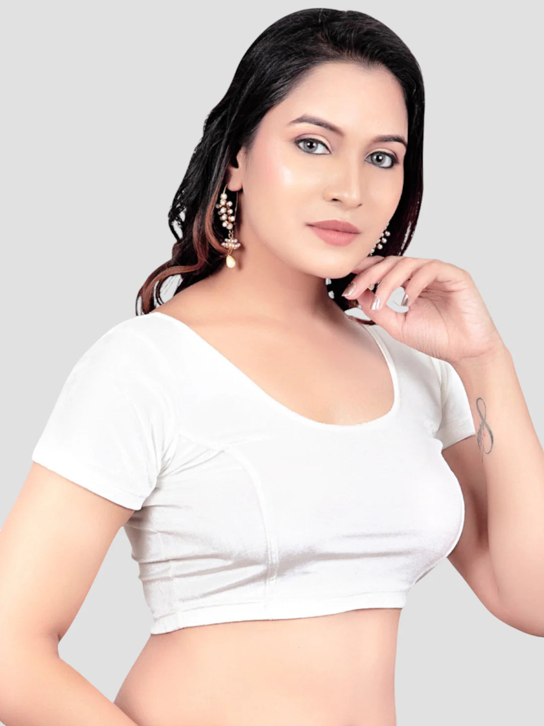 White Velvet Round Neck Short Sleeves  Readymade Blouse