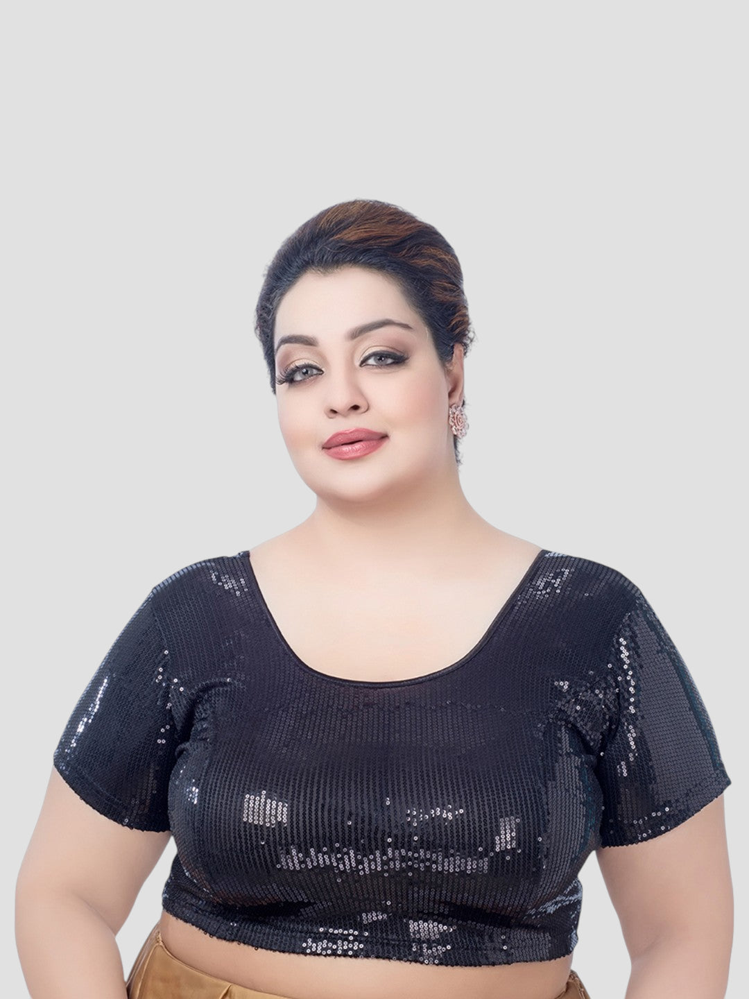 Black Sequin Work Lycra Round Neck Short Sleeves Plus Size Readymade Blouse