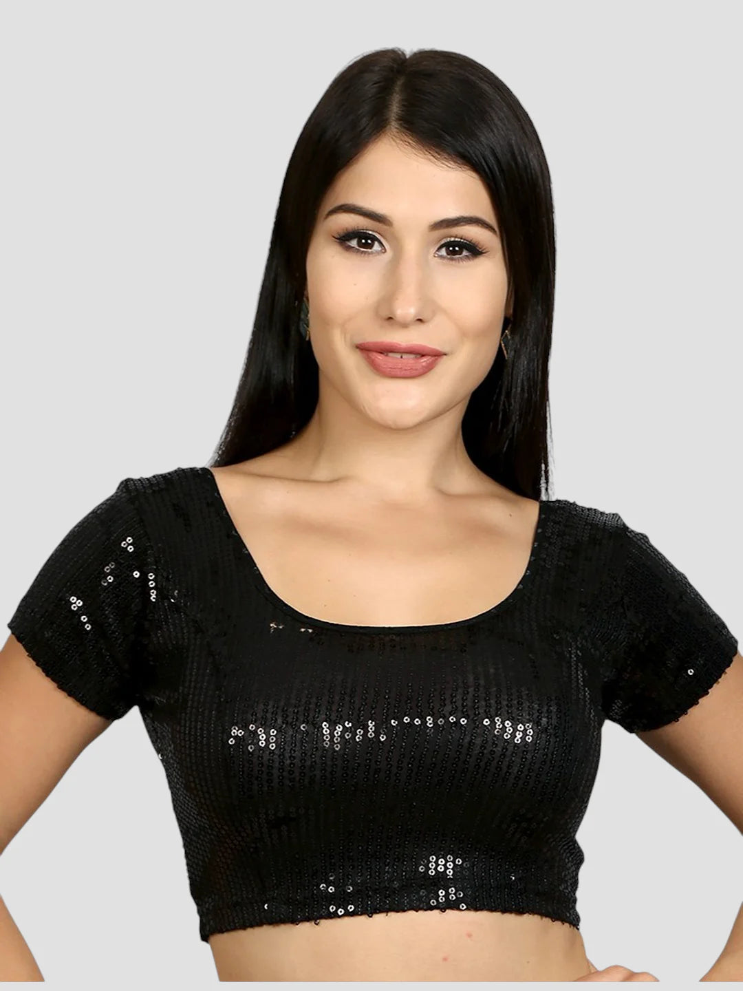 Black Sequin Work Lycra Round Neck Short Sleeves Readymade Blouse