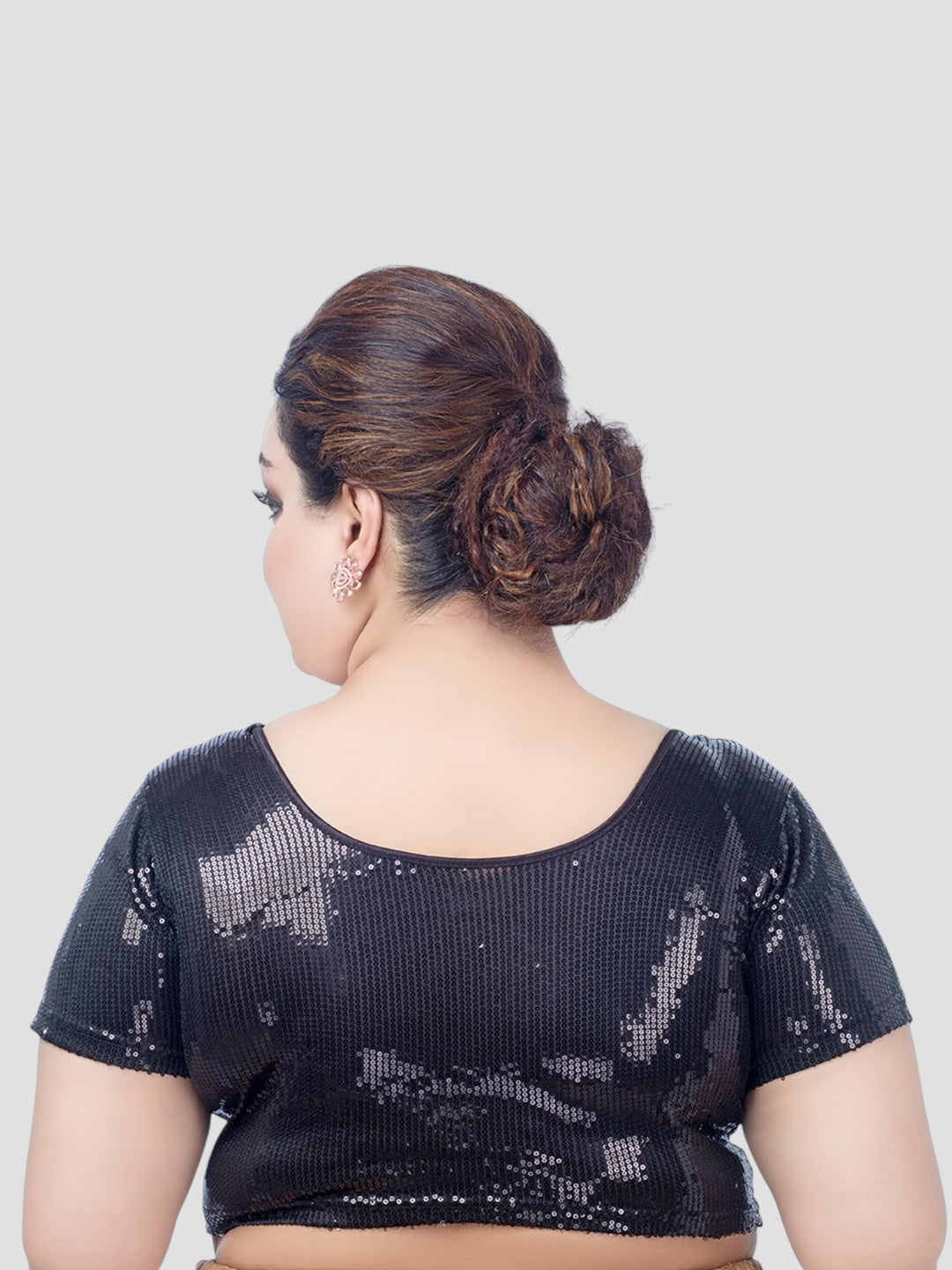 Black Sequin Work Lycra Round Neck Short Sleeves Plus Size Readymade Blouse