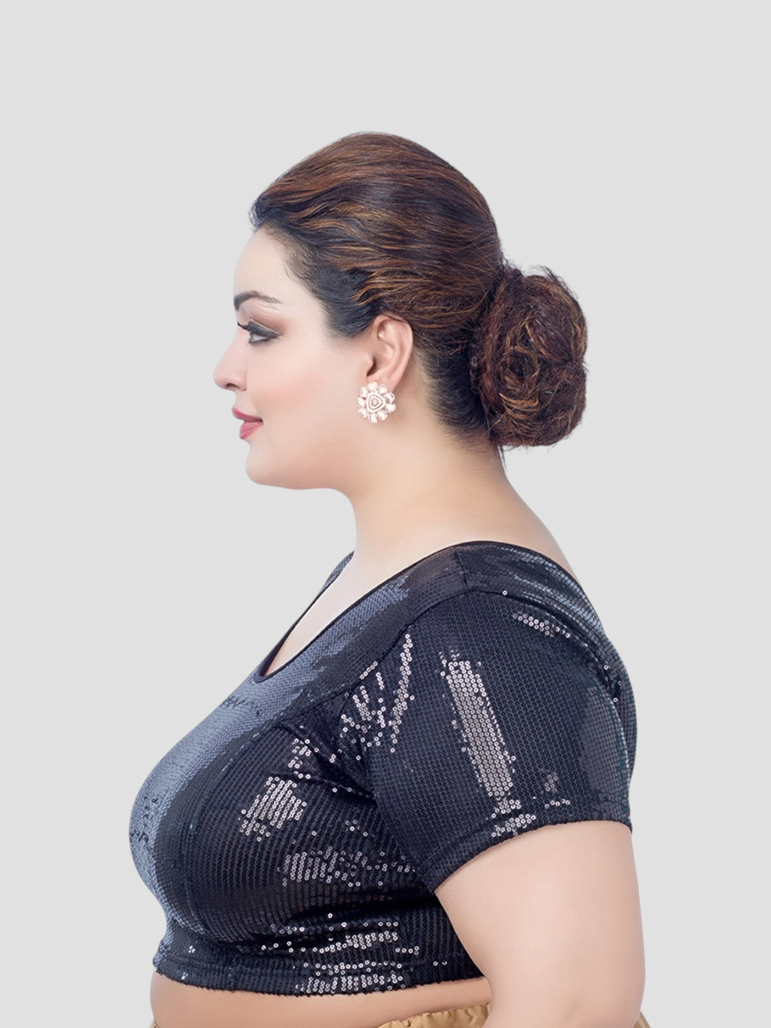 Black Sequin Work Lycra Round Neck Short Sleeves Plus Size Readymade Blouse