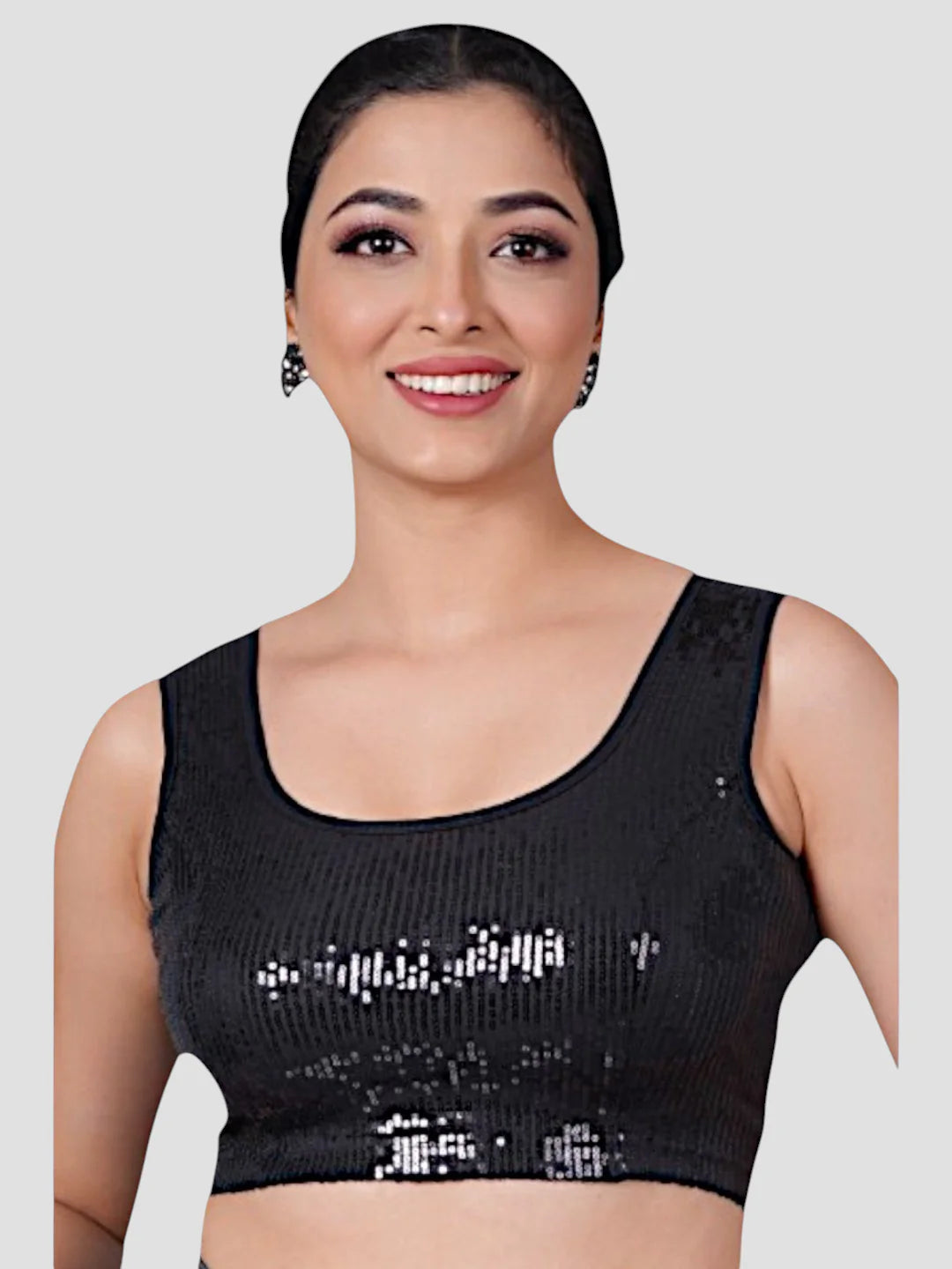 Black Sequence Round Neck Sleeveless Readymade Blouse