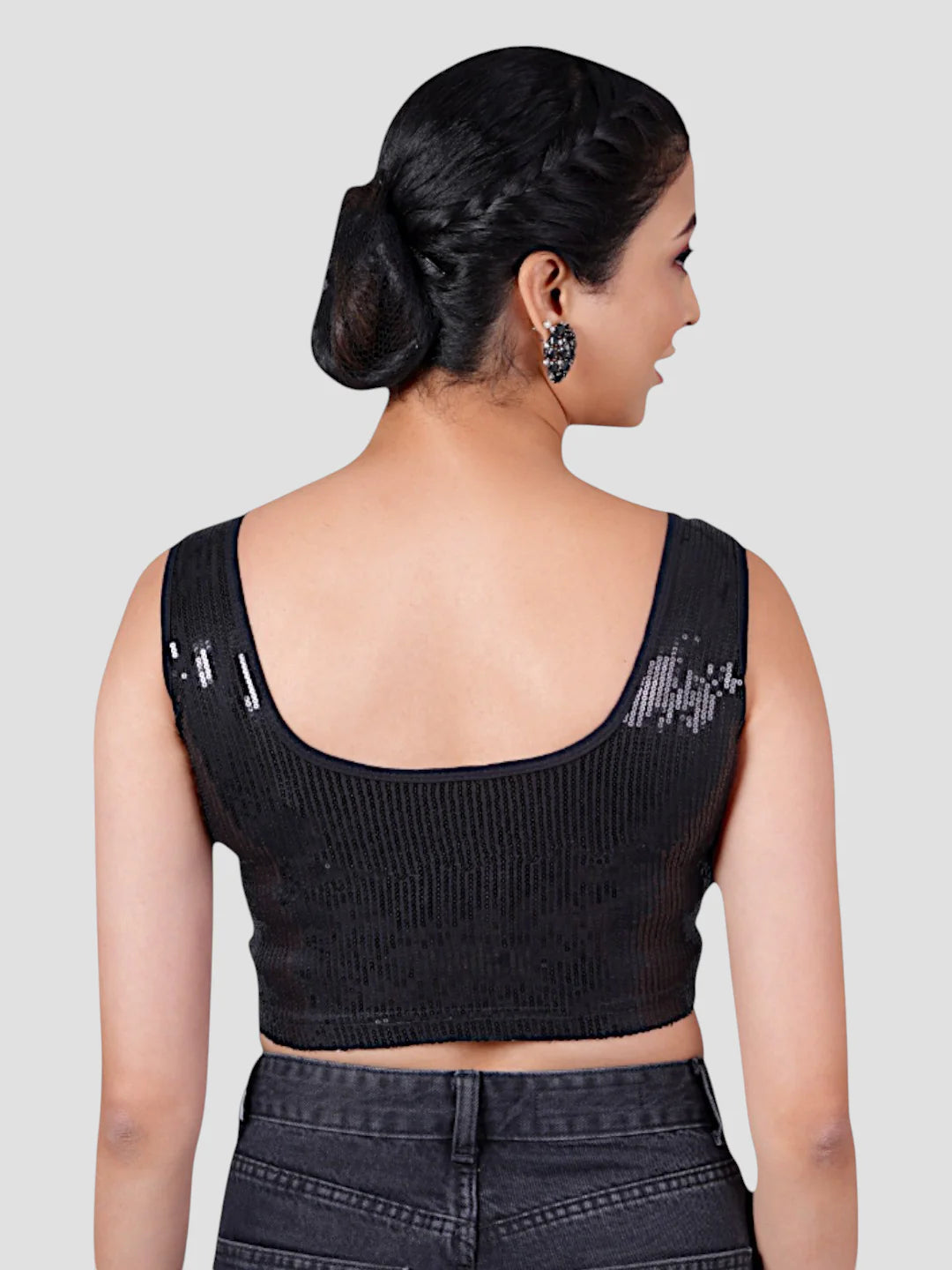 Black Sequence Round Neck Sleeveless Readymade Blouse