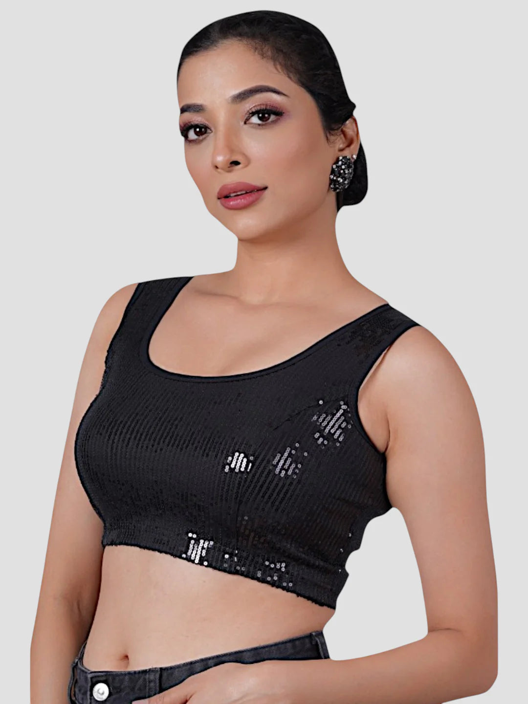 Black Sequence Round Neck Sleeveless Readymade Blouse