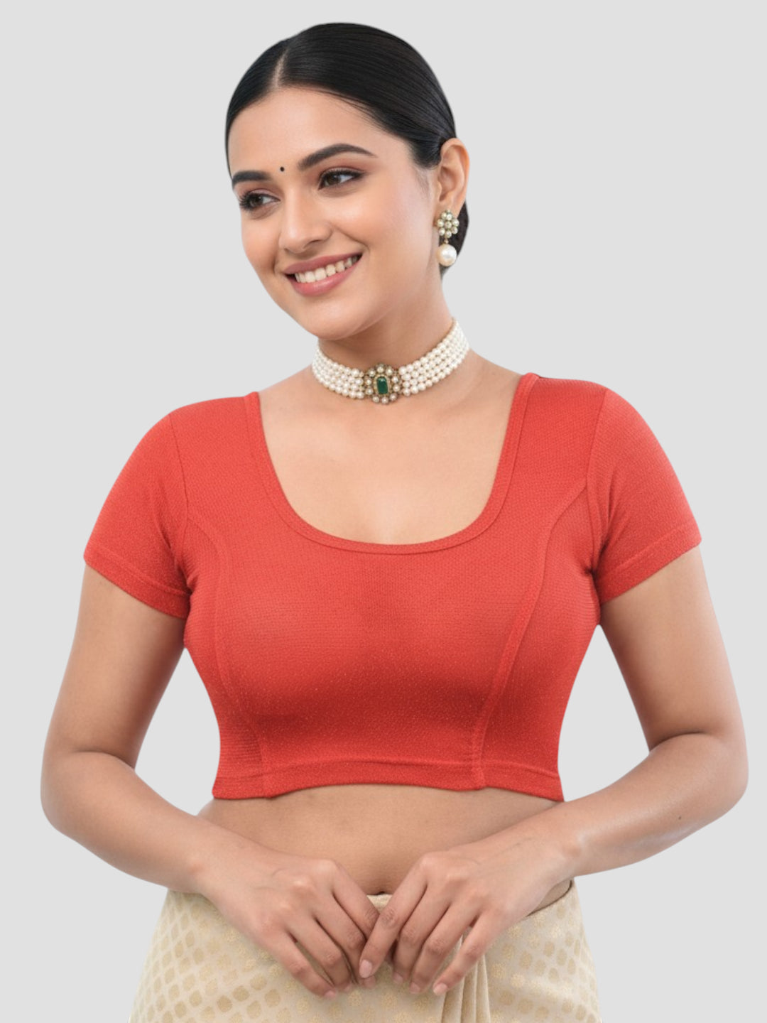 Red Lycra Round Neck Short Sleeves Readymade Blouse