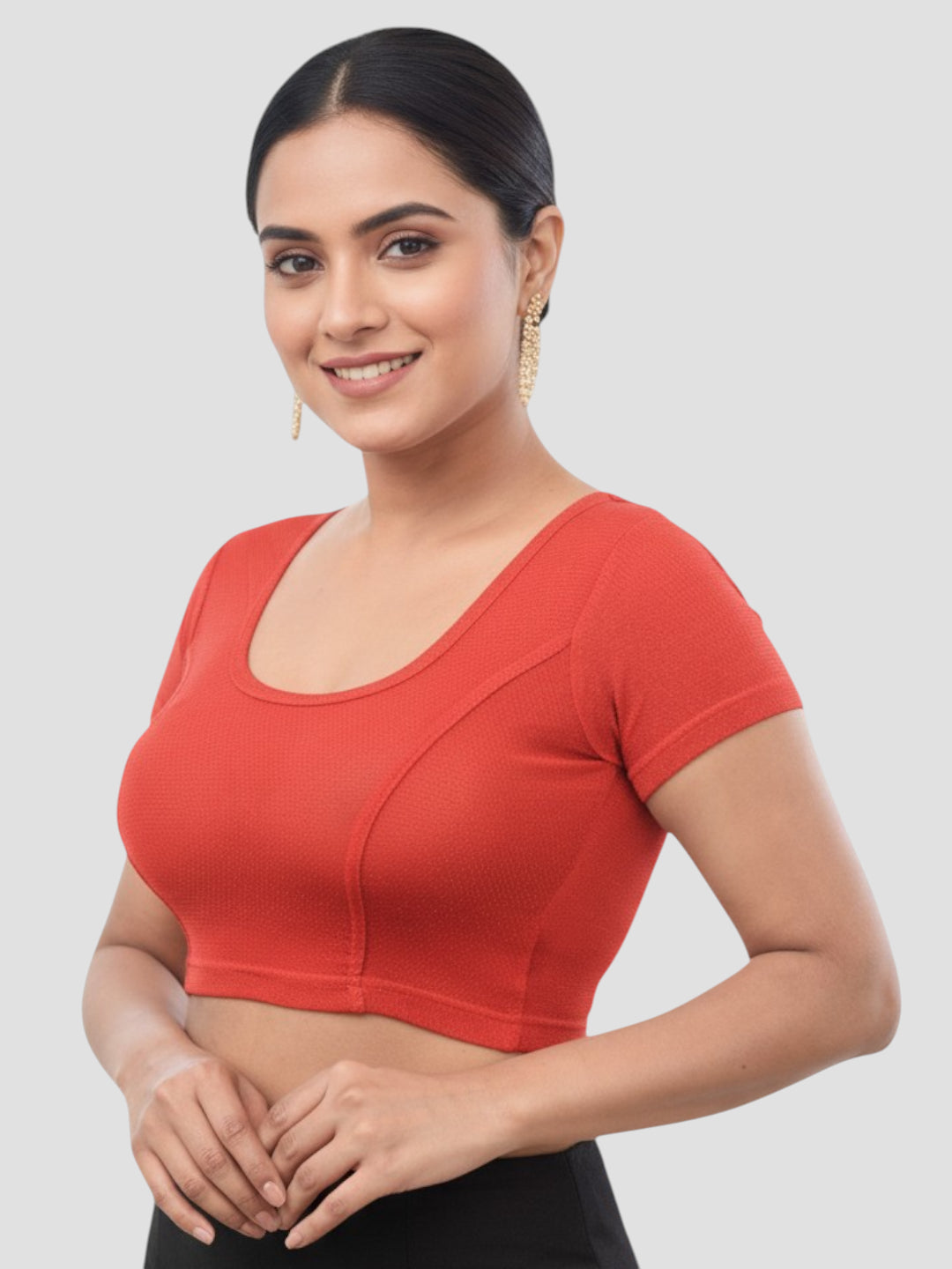 Red Lycra Round Neck Short Sleeves Readymade Blouse