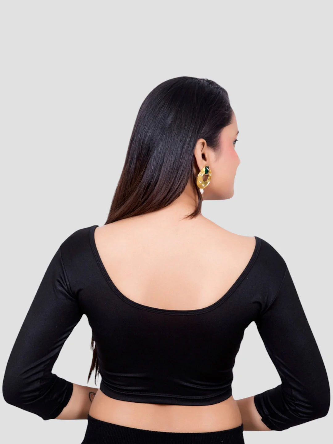 Black Lycra Round Neck 3/4 Sleeves Readymade Blouse