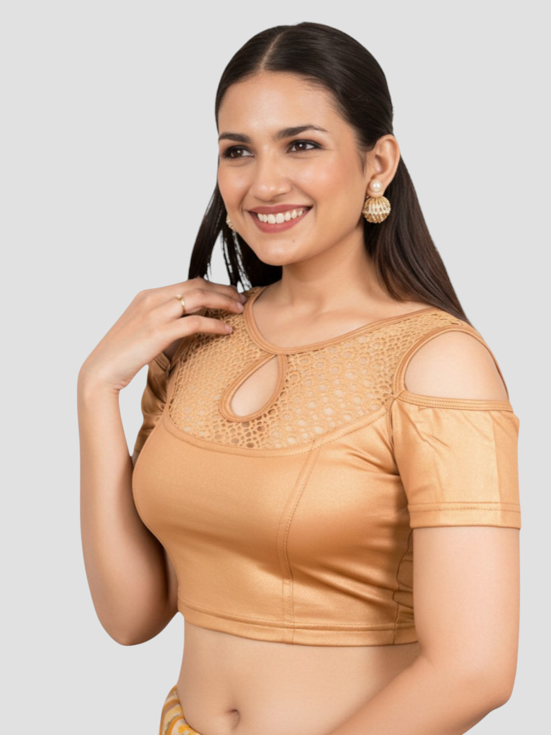 Copper Lycra Round Neck Shoulder Cut Short Sleeves Readymade Blouse