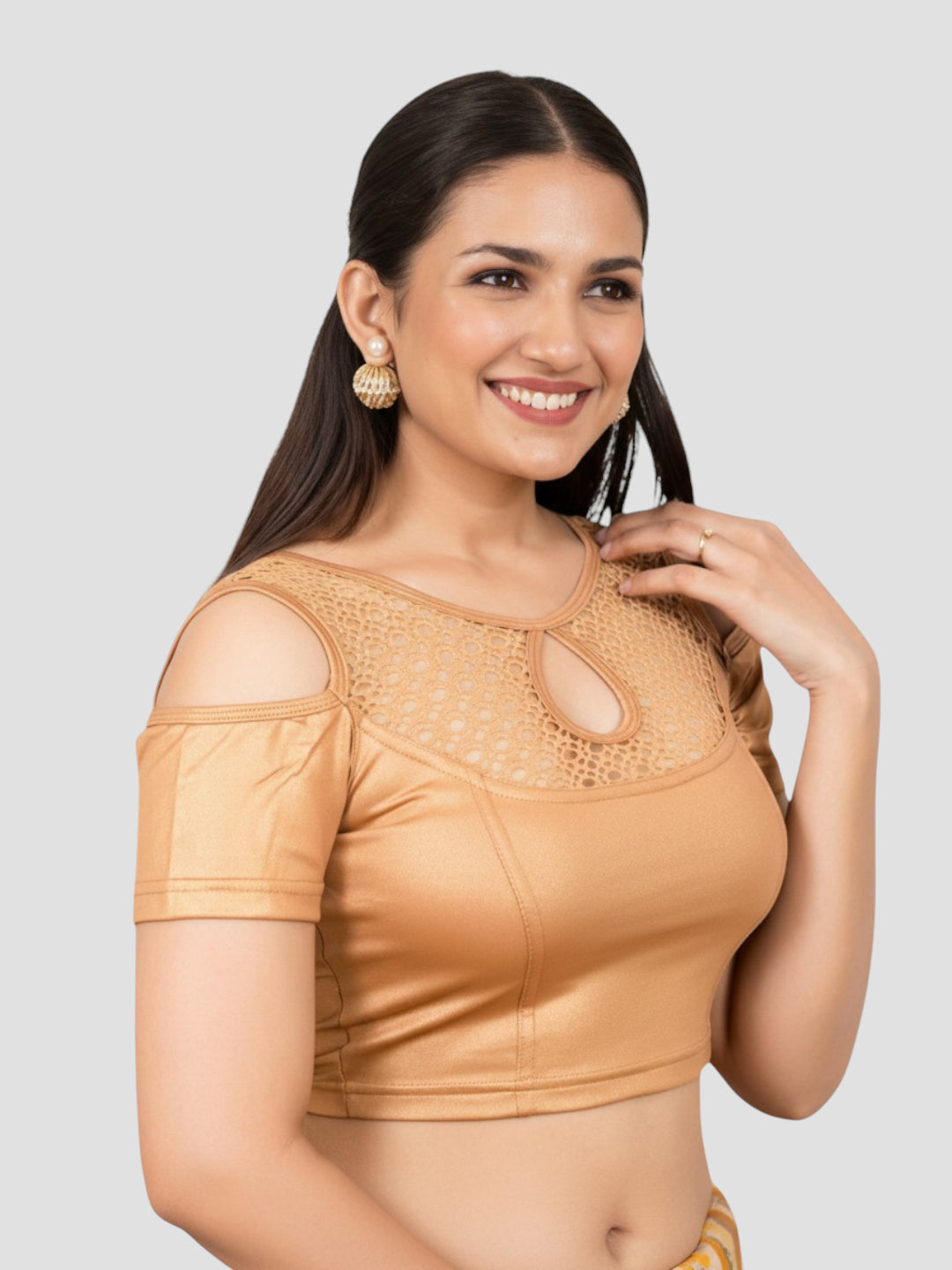 Copper Lycra Round Neck Shoulder Cut Short Sleeves Readymade Blouse