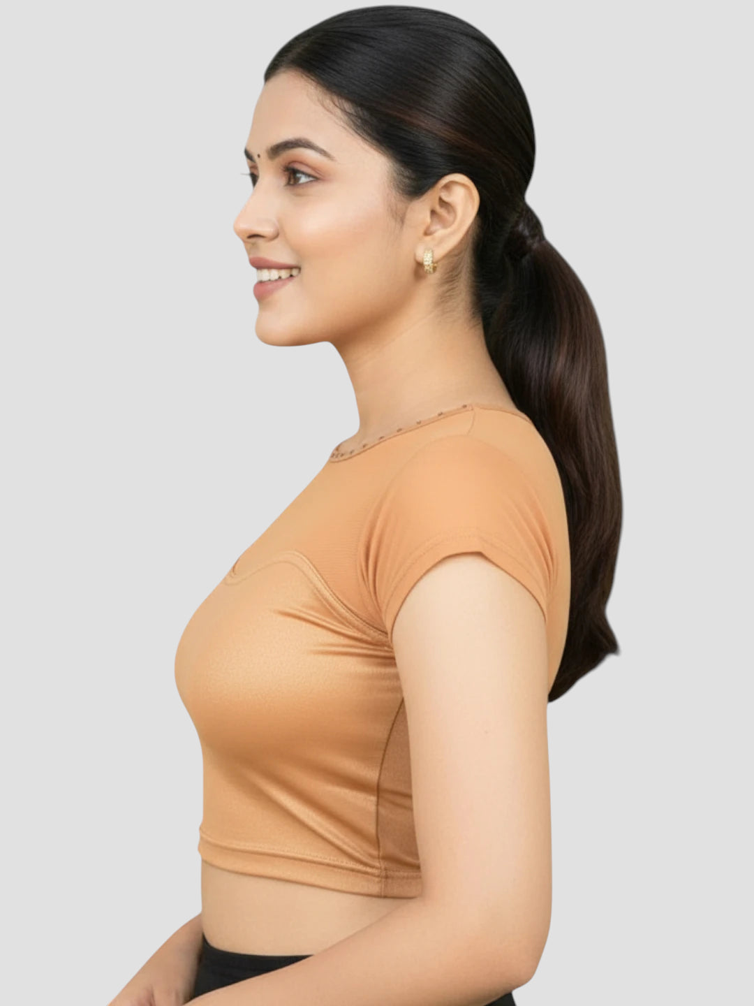 Copper Lycra High Neck Short Sleeves Readymade Blouse