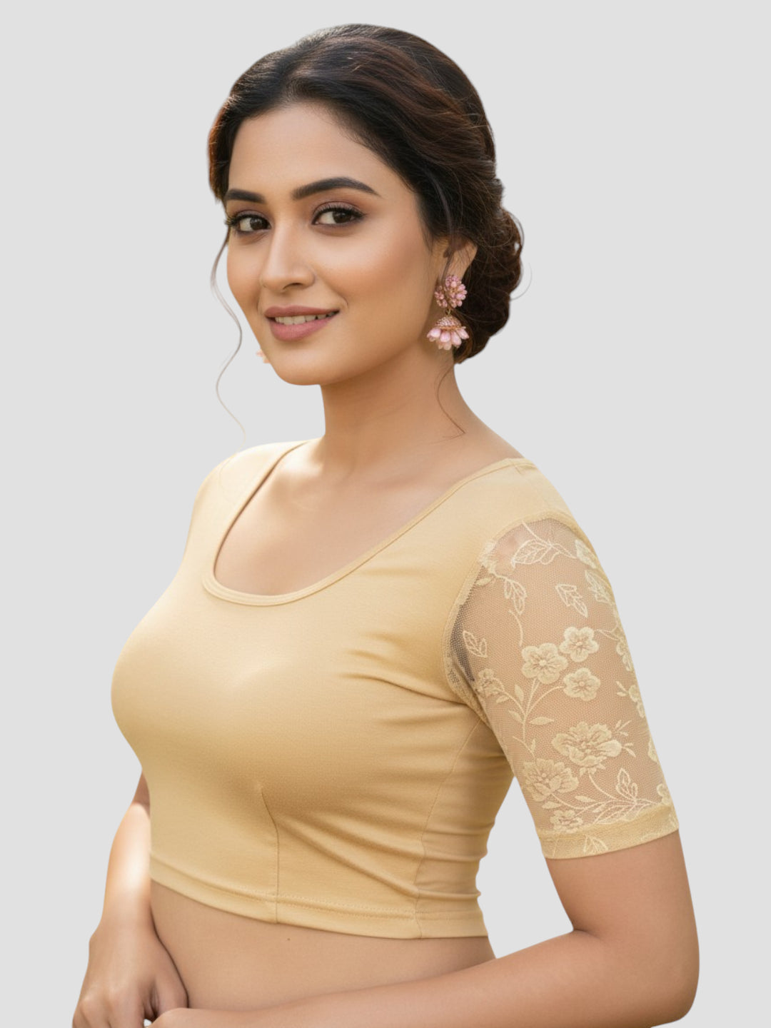 Gold Round Neck Lycra Short Sleeves Readymade Blouse
