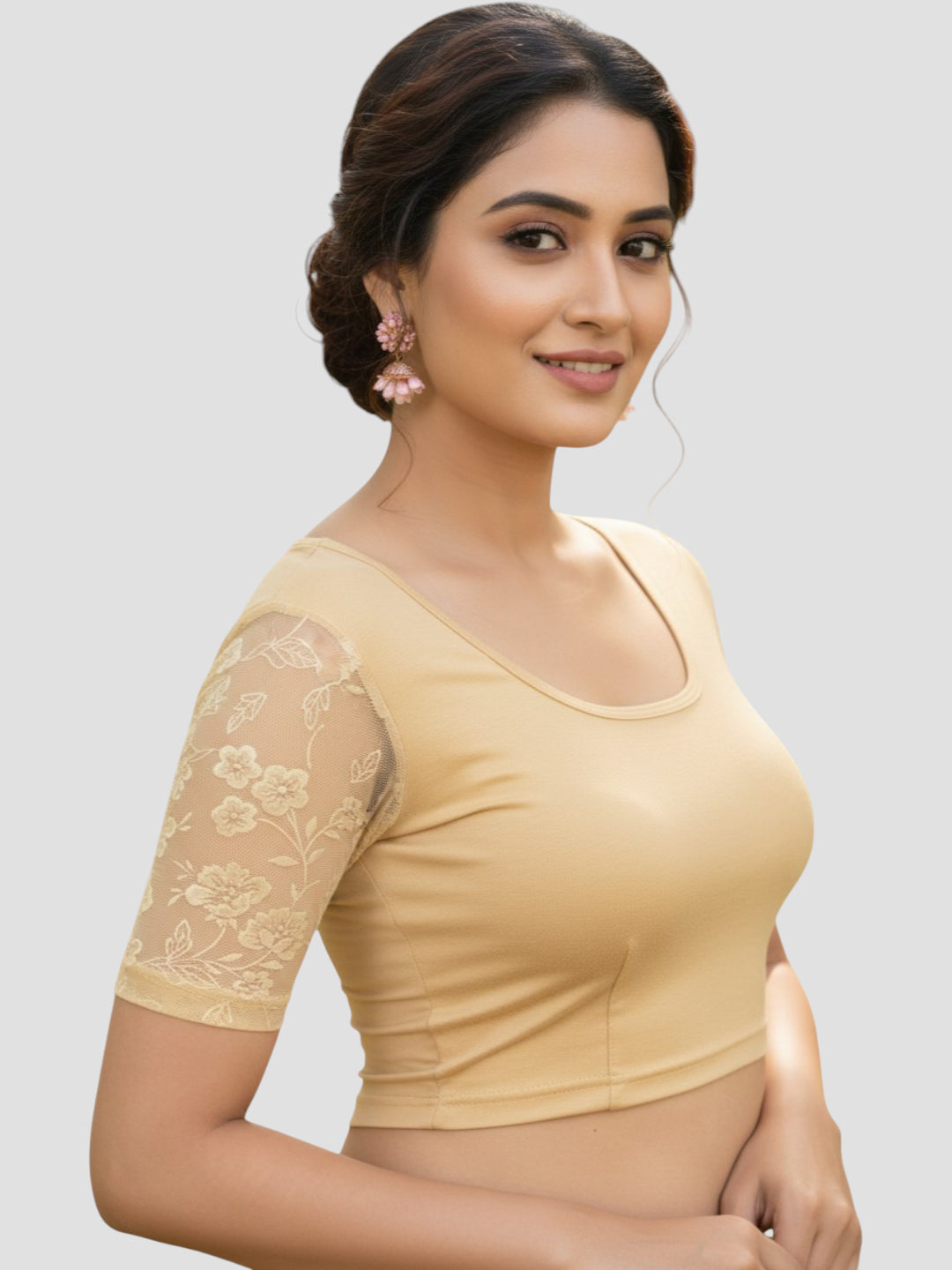 Gold Round Neck Lycra Short Sleeves Readymade Blouse