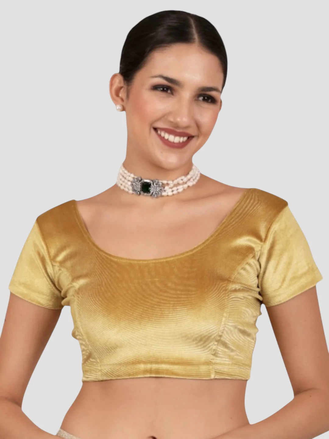 Dark Gold Velvet Round Neck Short Sleeves Readymade Blouse