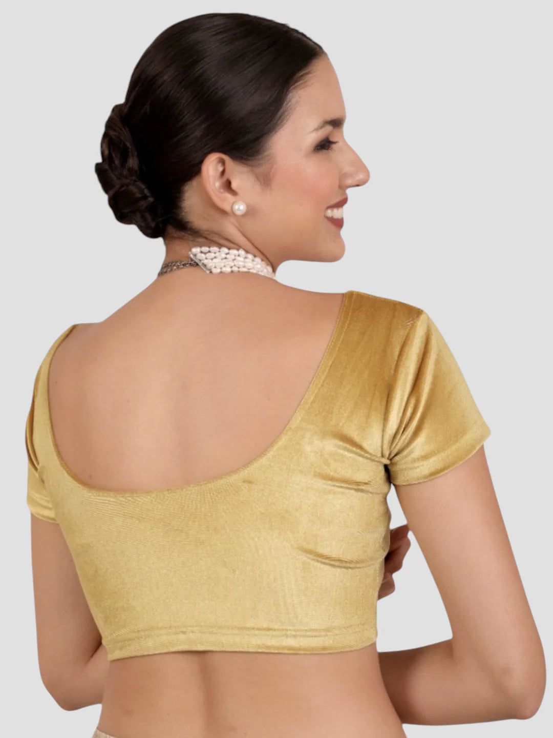 Dark Gold Velvet Round Neck Short Sleeves Readymade Blouse