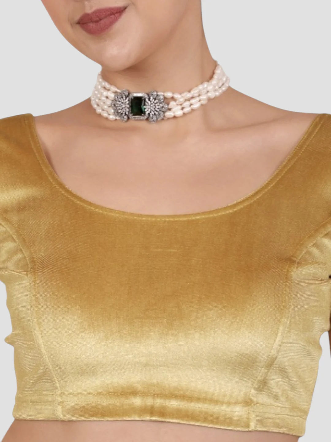 Dark Gold Velvet Round Neck Short Sleeves Readymade Blouse