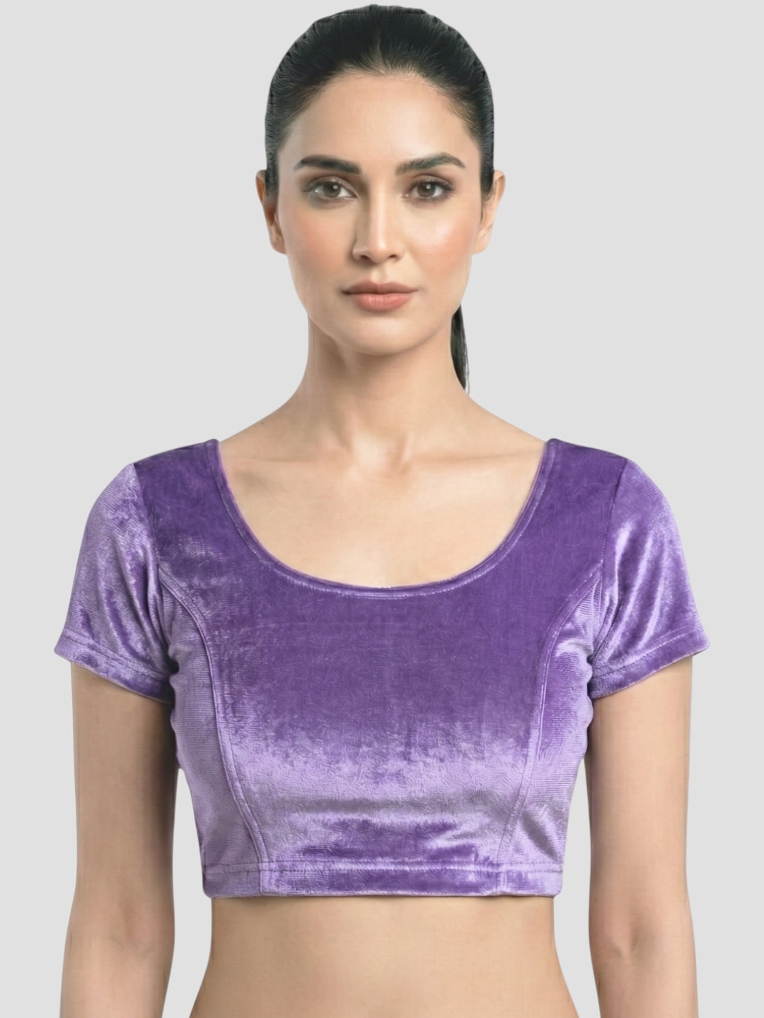 Lylac Purple Velvet Round Neck Short Sleeves Readymade Blouse