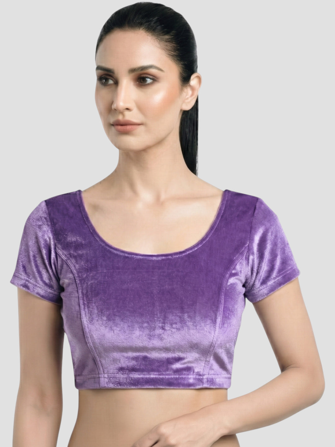 Lylac Purple Velvet Round Neck Short Sleeves Readymade Blouse