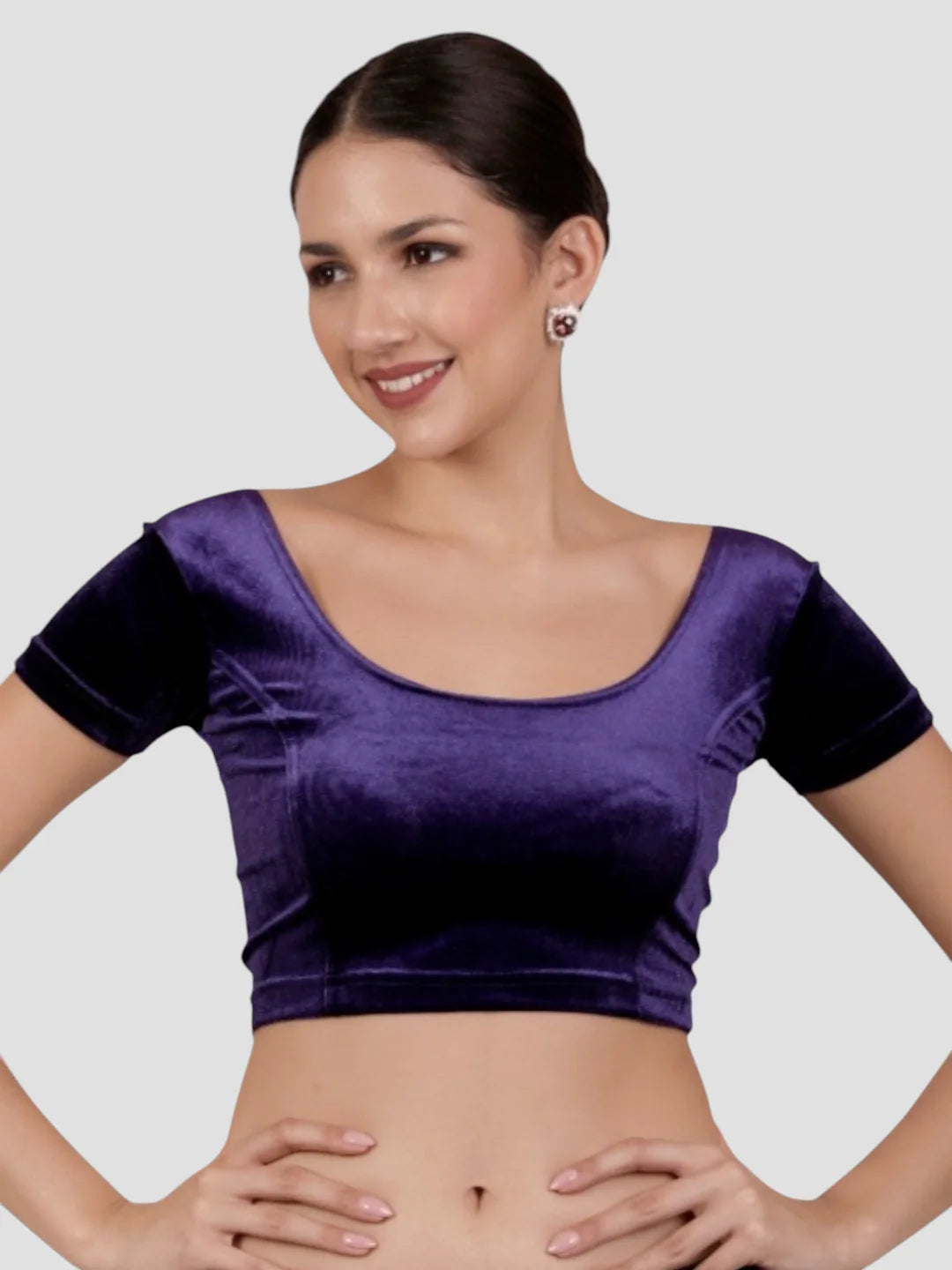 Purple Velvet Round Neck Short Sleeves Readymade Blouse