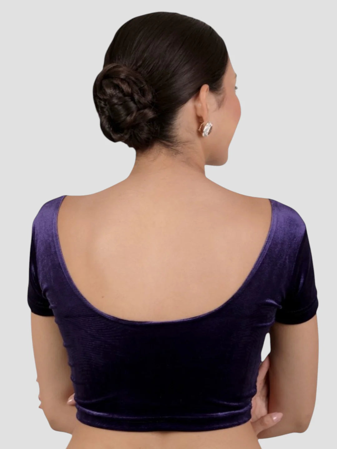 Purple Velvet Round Neck Short Sleeves Readymade Blouse