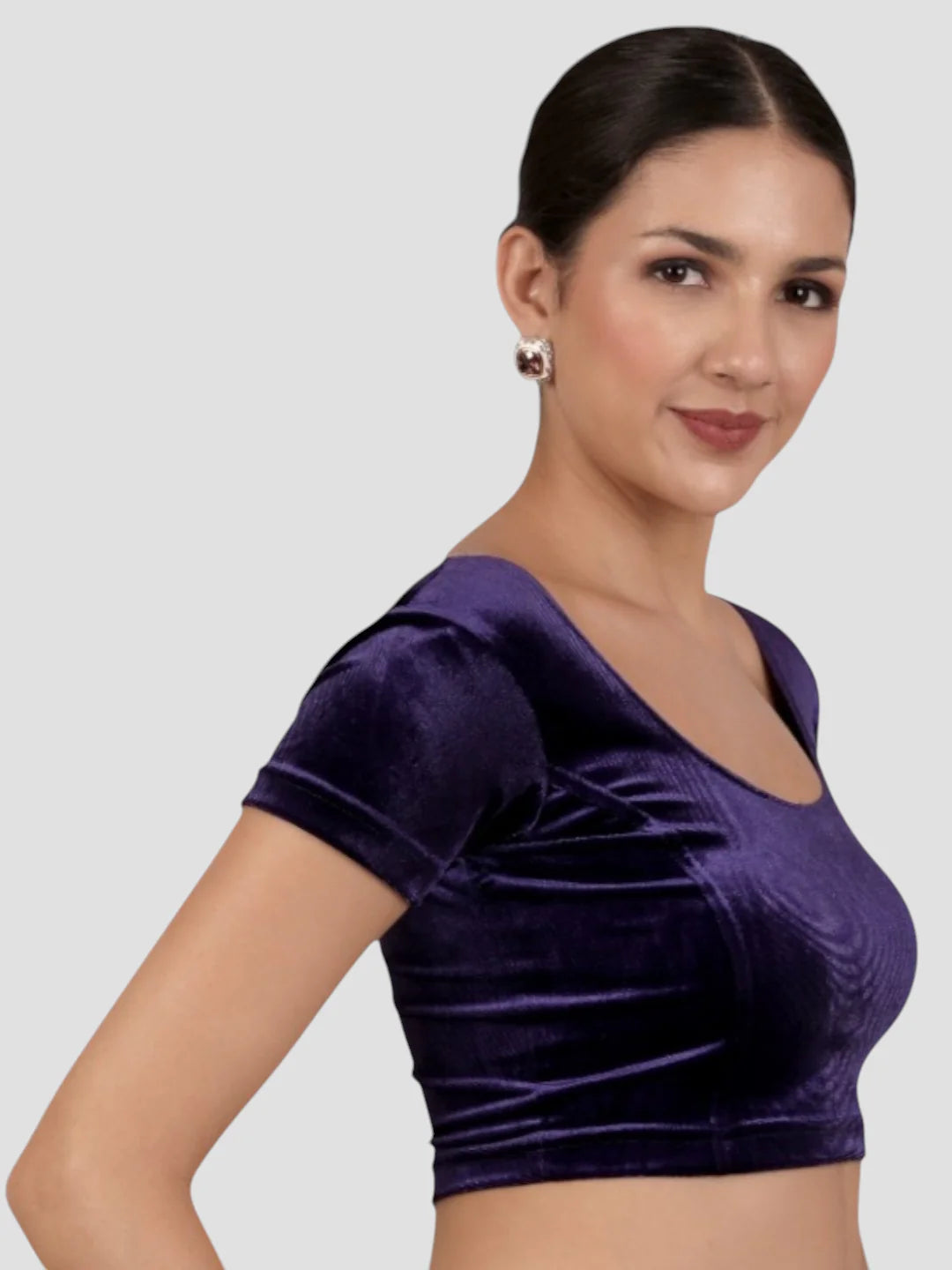 Purple Velvet Round Neck Short Sleeves Readymade Blouse