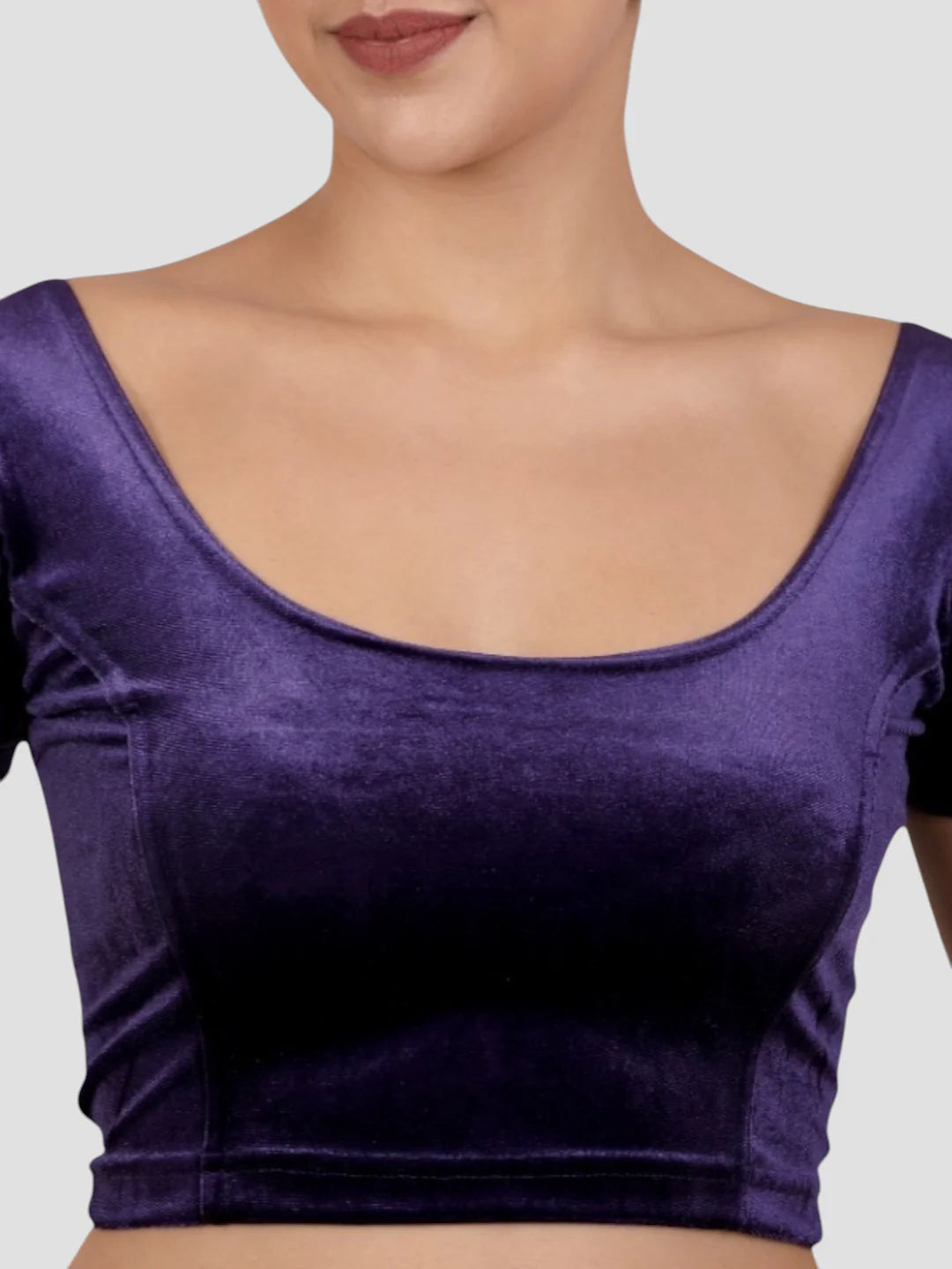 Purple Velvet Round Neck Short Sleeves Readymade Blouse