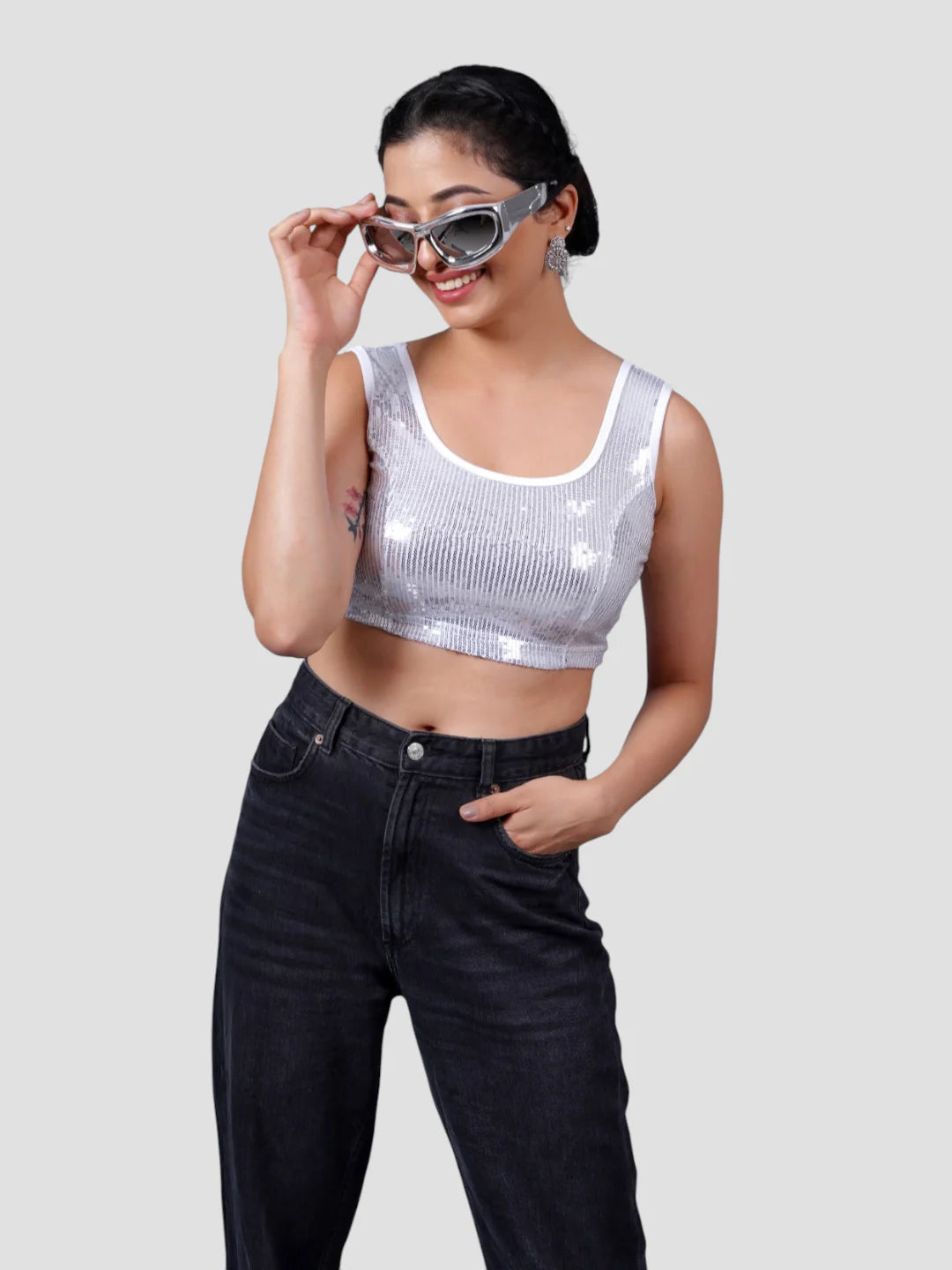 Silver Sequence Round Neck Sleeveless Readymade Blouse